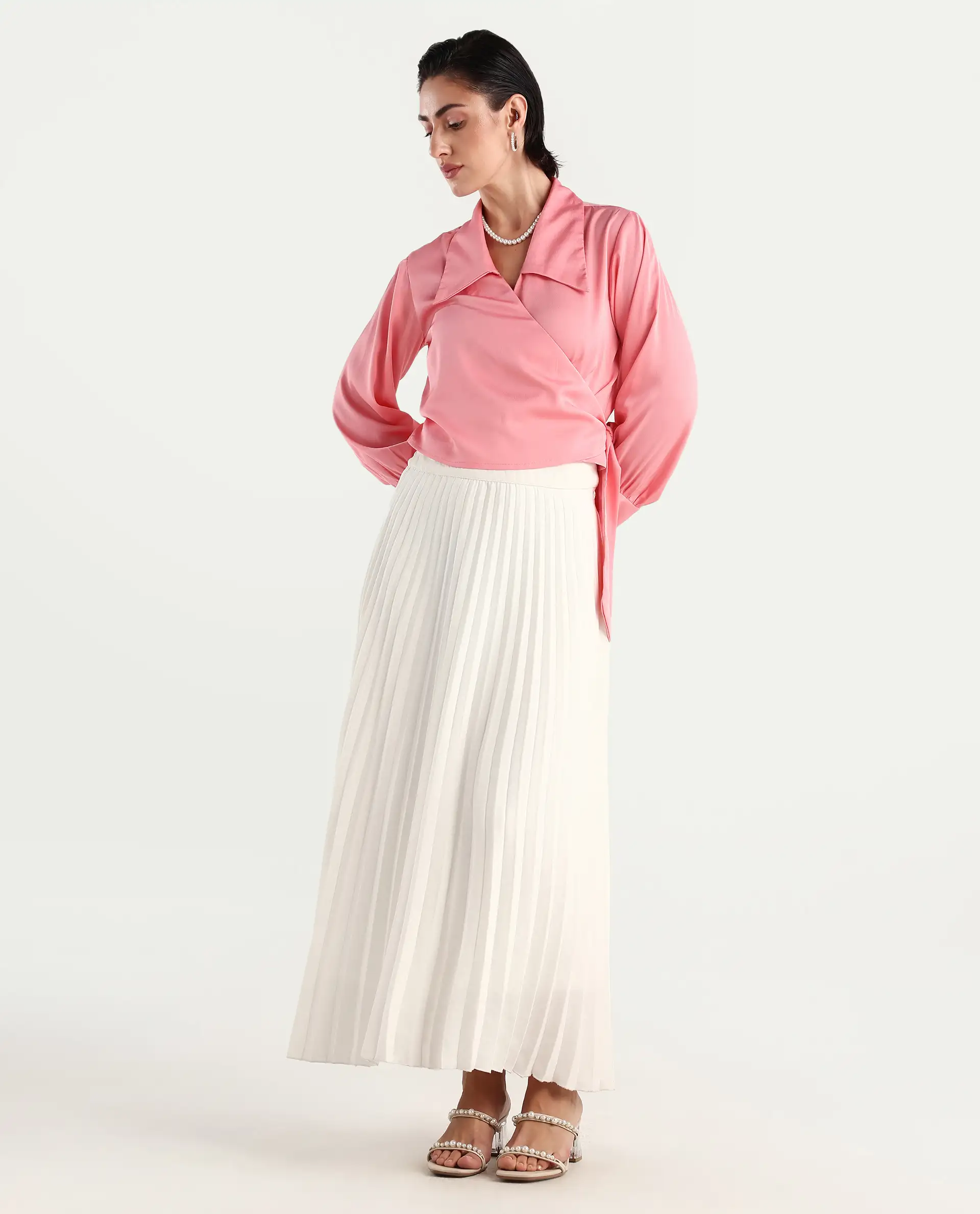 Rareism Women's Riola Pastel Pink Polyester Johnny Collar Plain Cuffed Sleeve Crop Regular Fit Top - Image 2