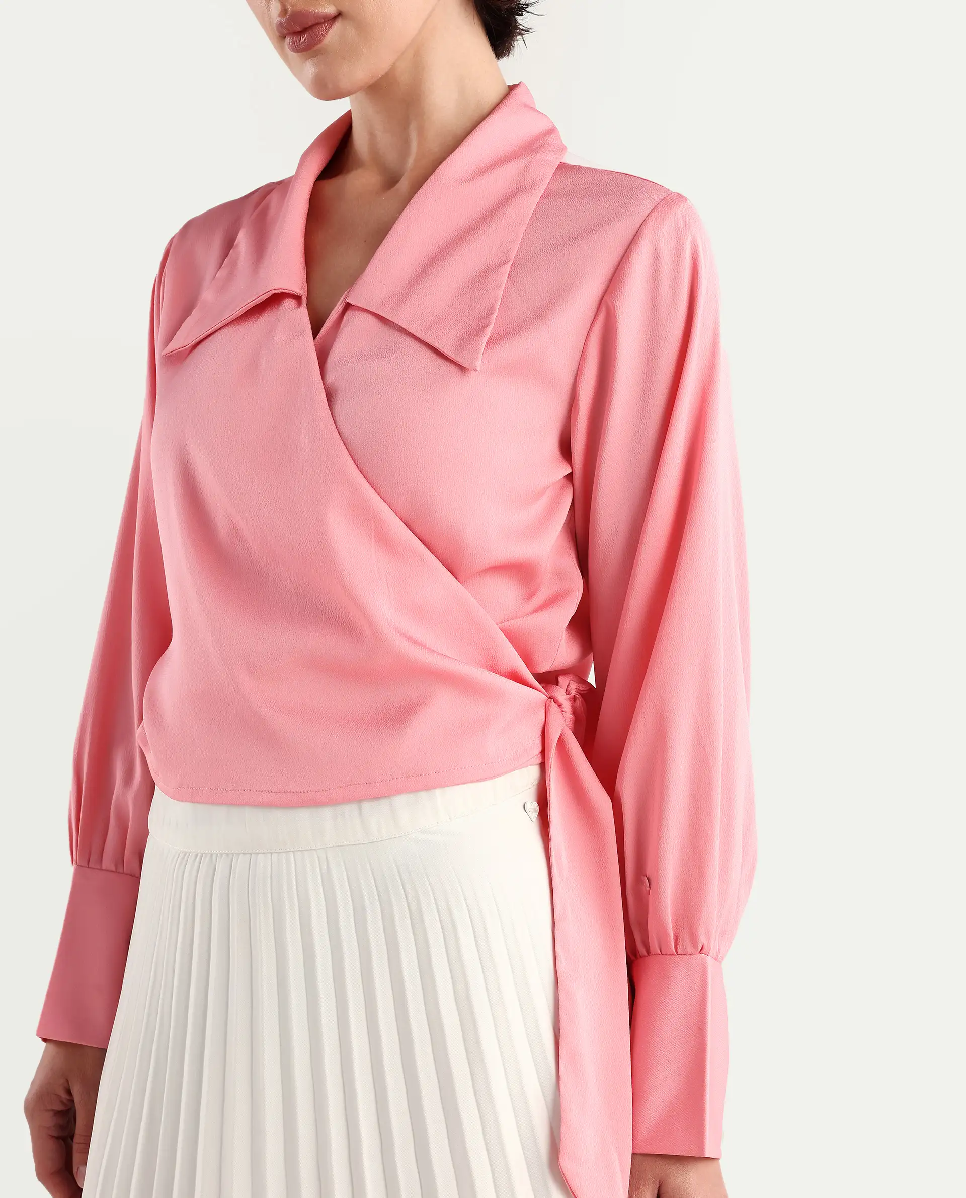 Rareism Women's Riola Pastel Pink Polyester Johnny Collar Plain Cuffed Sleeve Crop Regular Fit Top - Image 3