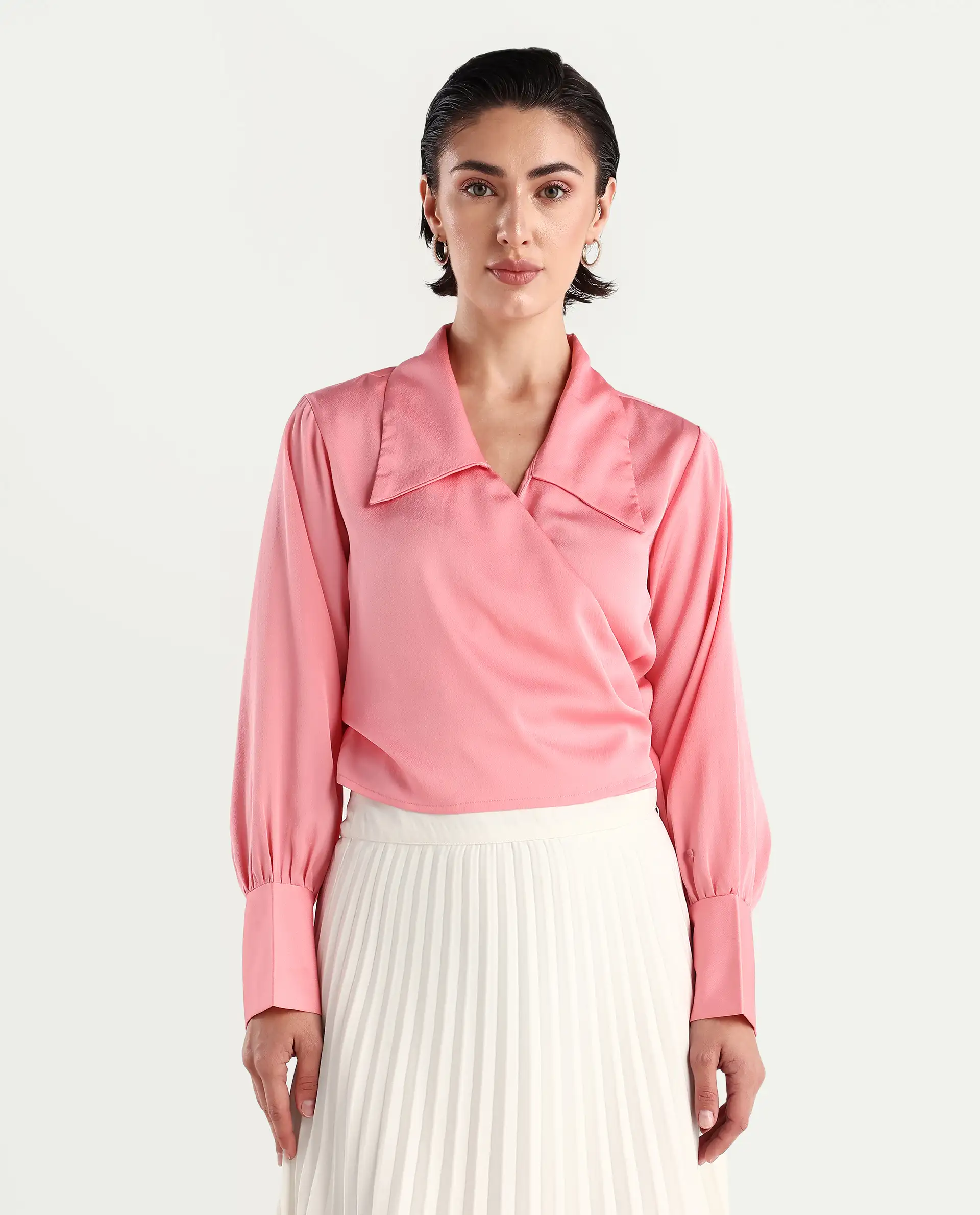 Rareism Women's Riola Pastel Pink Polyester Johnny Collar Plain Cuffed Sleeve Crop Regular Fit Top - Image 4