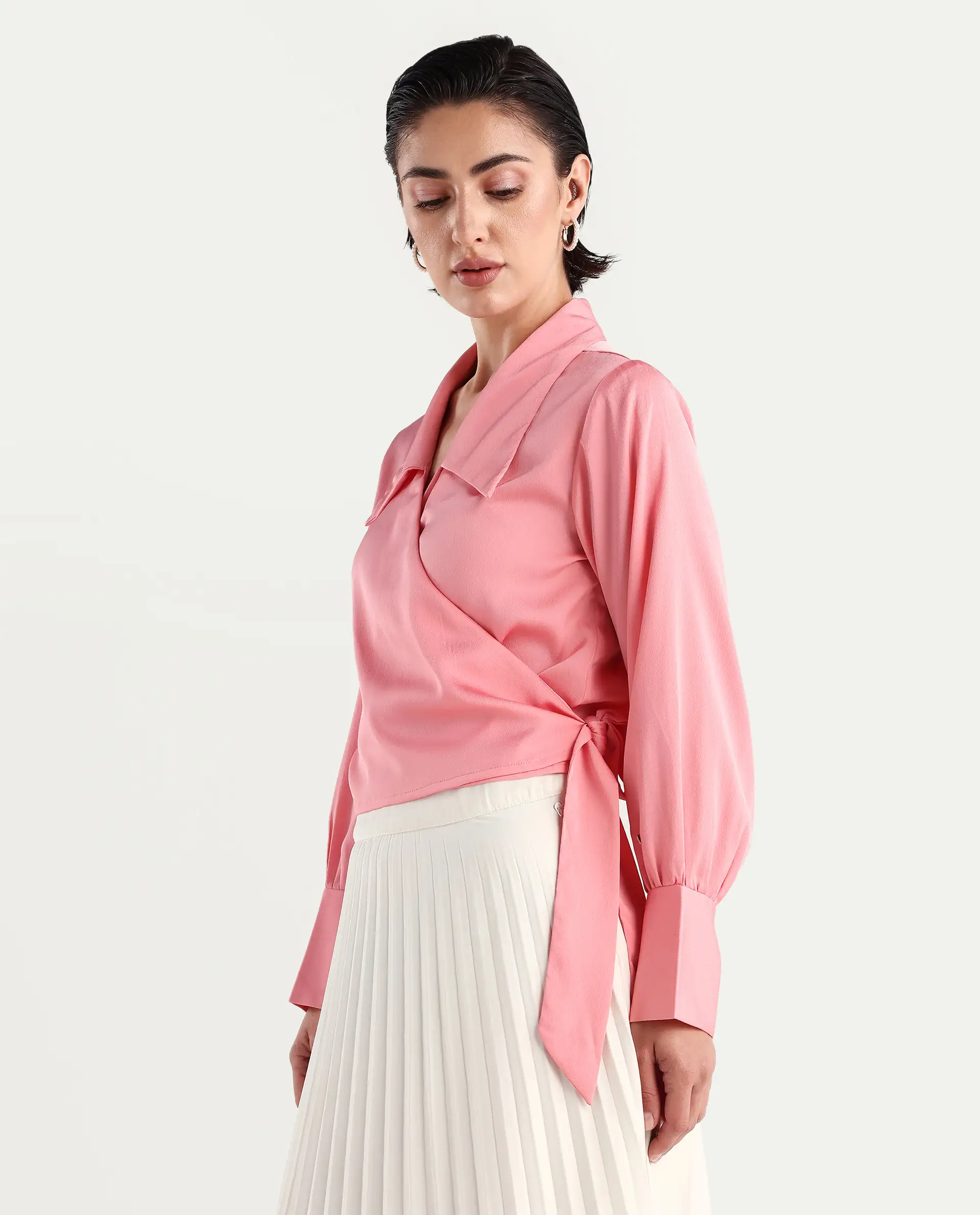 Rareism Women's Riola Pastel Pink Polyester Johnny Collar Plain Cuffed Sleeve Crop Regular Fit Top - Image 5