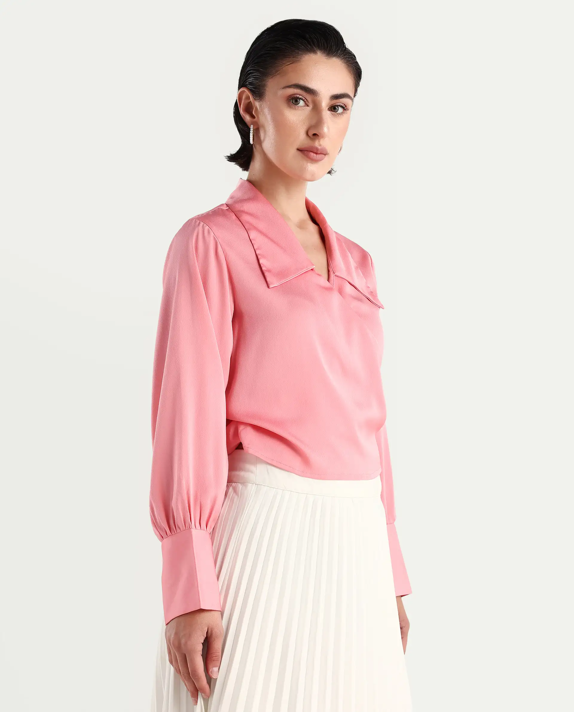 Rareism Women's Riola Pastel Pink Polyester Johnny Collar Plain Cuffed Sleeve Crop Regular Fit Top - Image 6