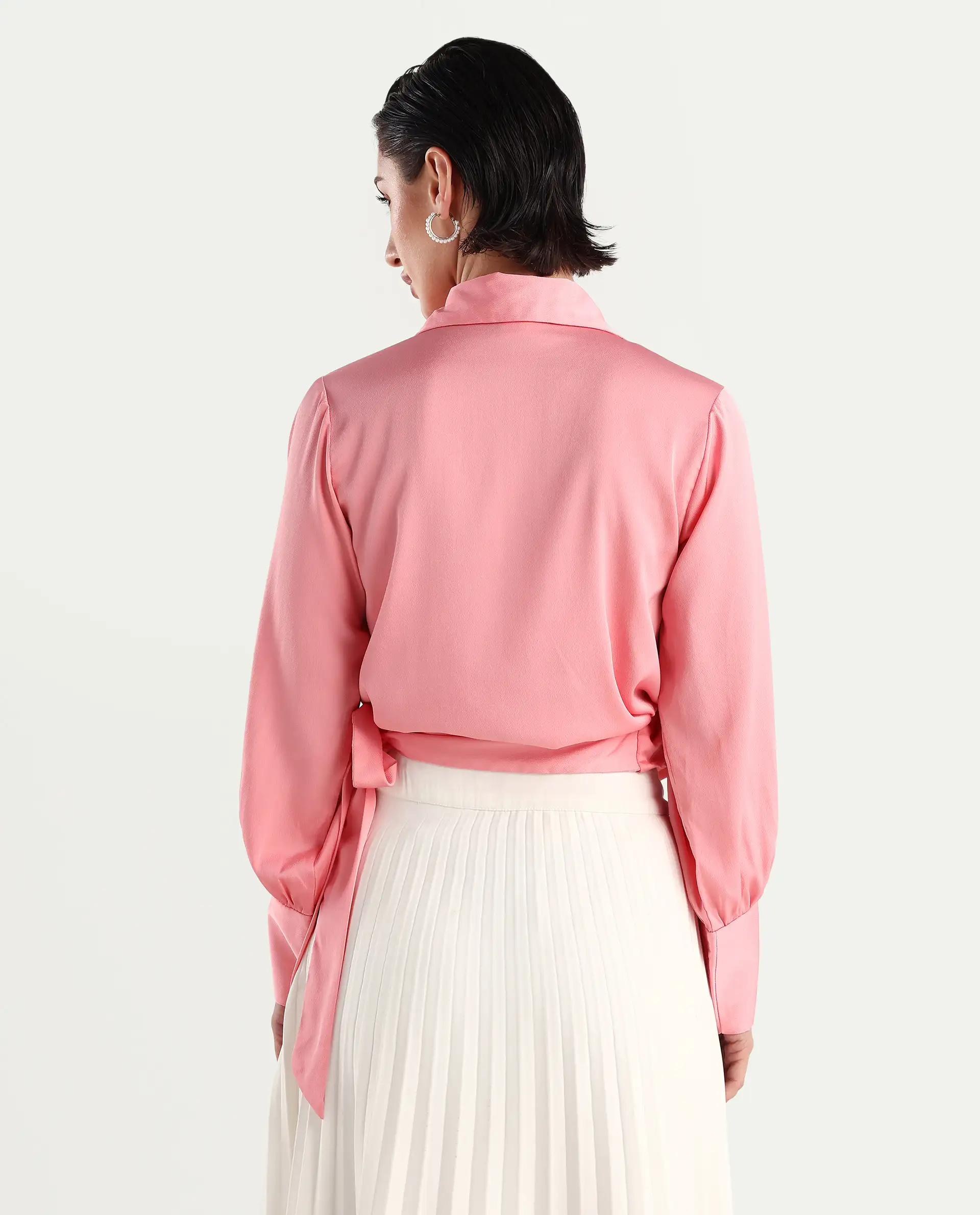 Rareism Women's Riola Pastel Pink Polyester Johnny Collar Plain Cuffed Sleeve Crop Regular Fit Top - Image 7
