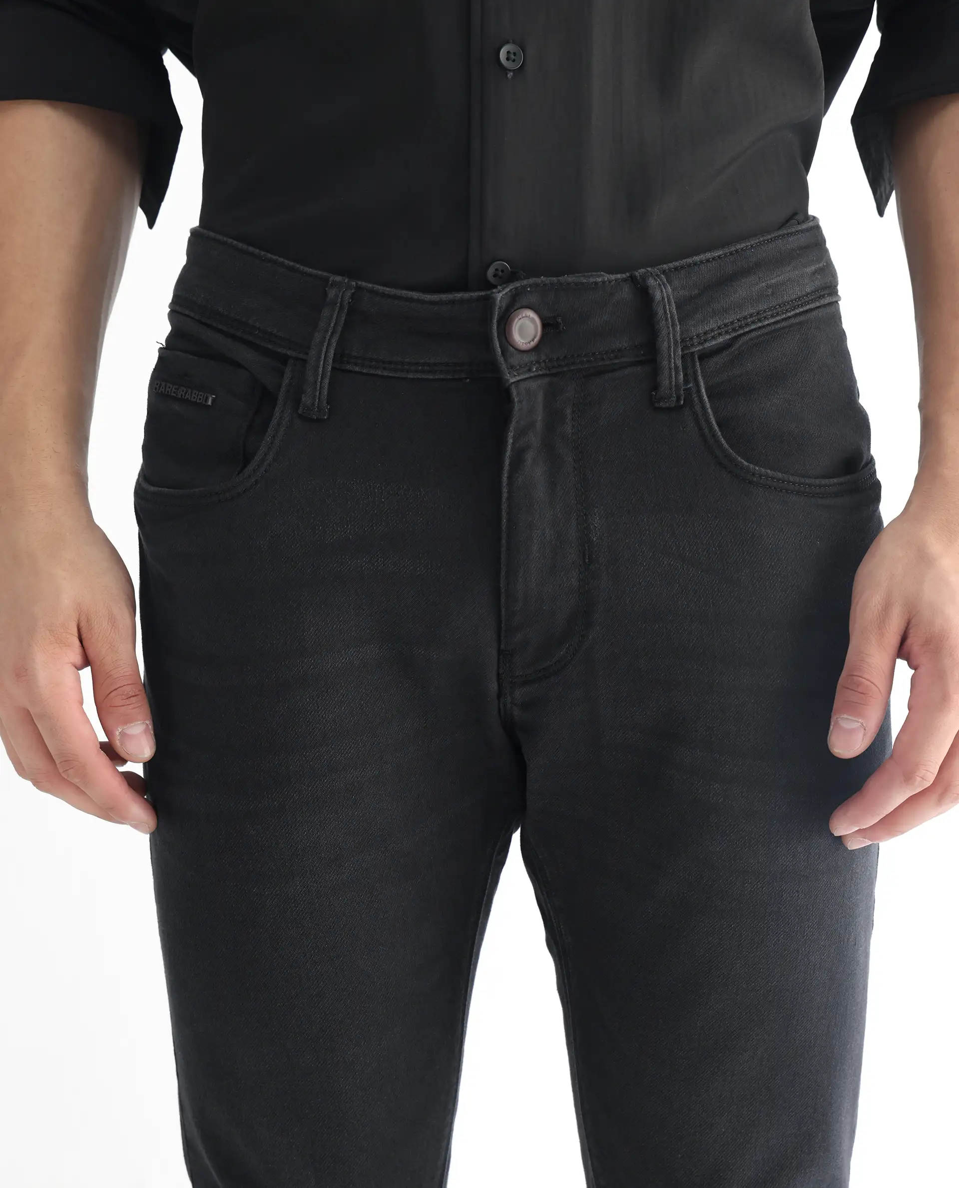 Rare Rabbit Men's Riom Dark Grey Cotton Plain Hawk Slim Fit Jeans - Image 3