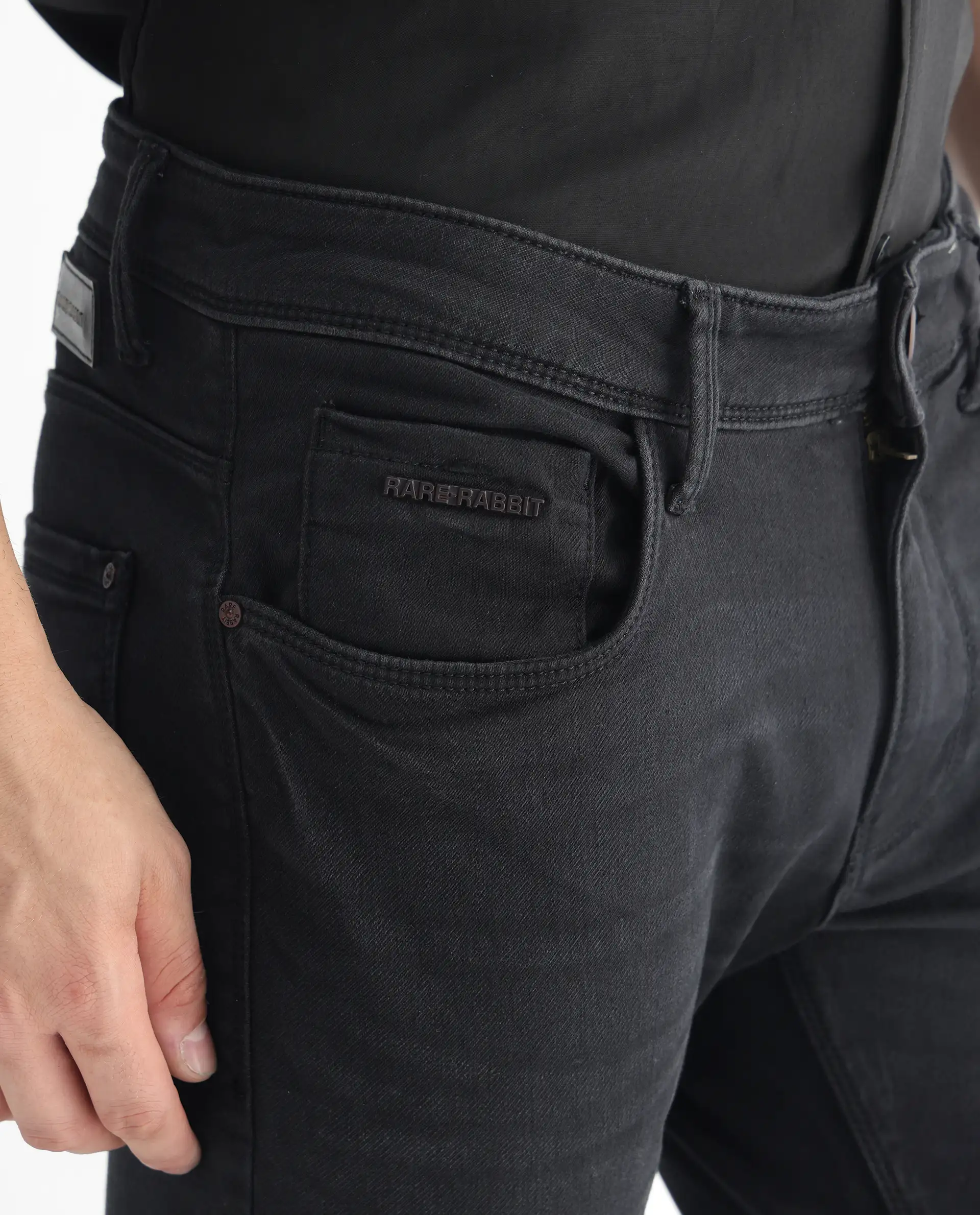 Rare Rabbit Men's Riom Dark Grey Cotton Plain Hawk Slim Fit Jeans - Image 7