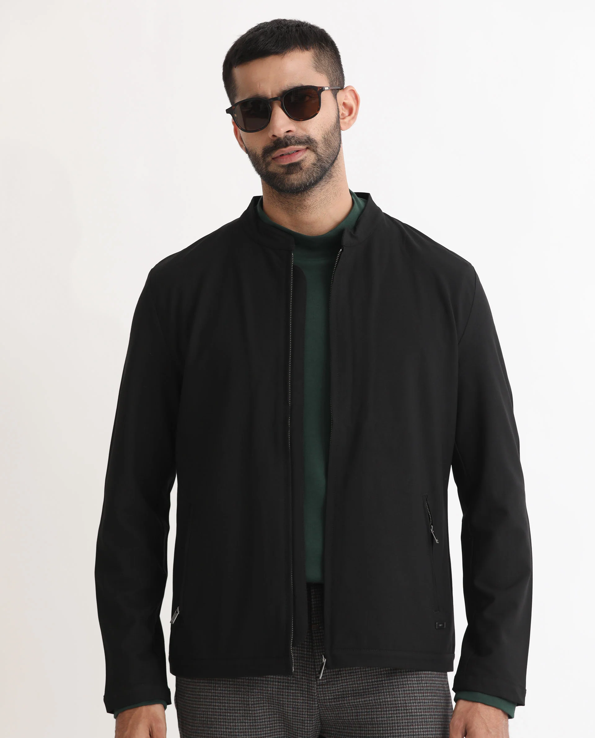 Rare Rabbit Men's Rion Black Polyester Plain Regular Fit Full Sleeve High Neck Jacket