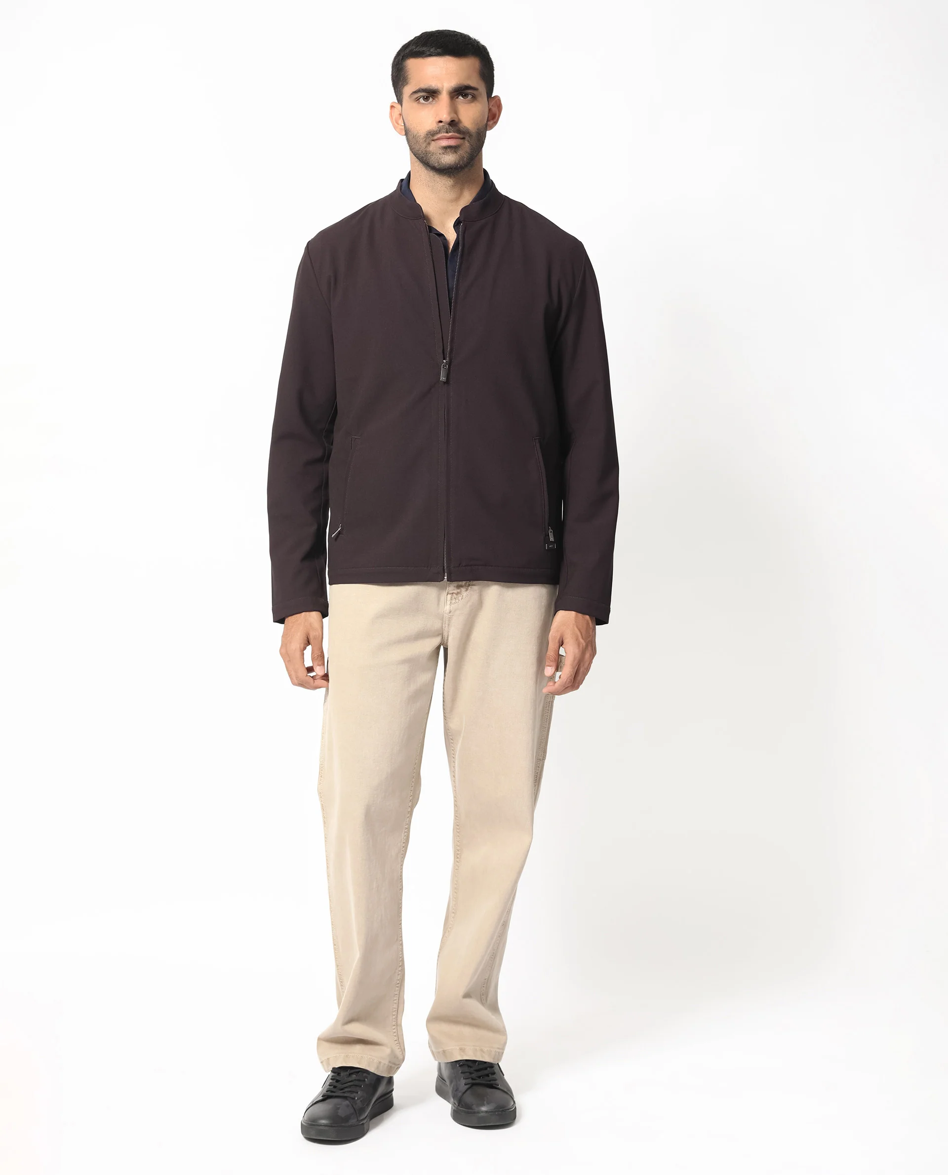 Rare Rabbit Men's Rion Dark Maroon Polyester Plain Regular Fit Full Sleeve High Neck Jacket - Image 2