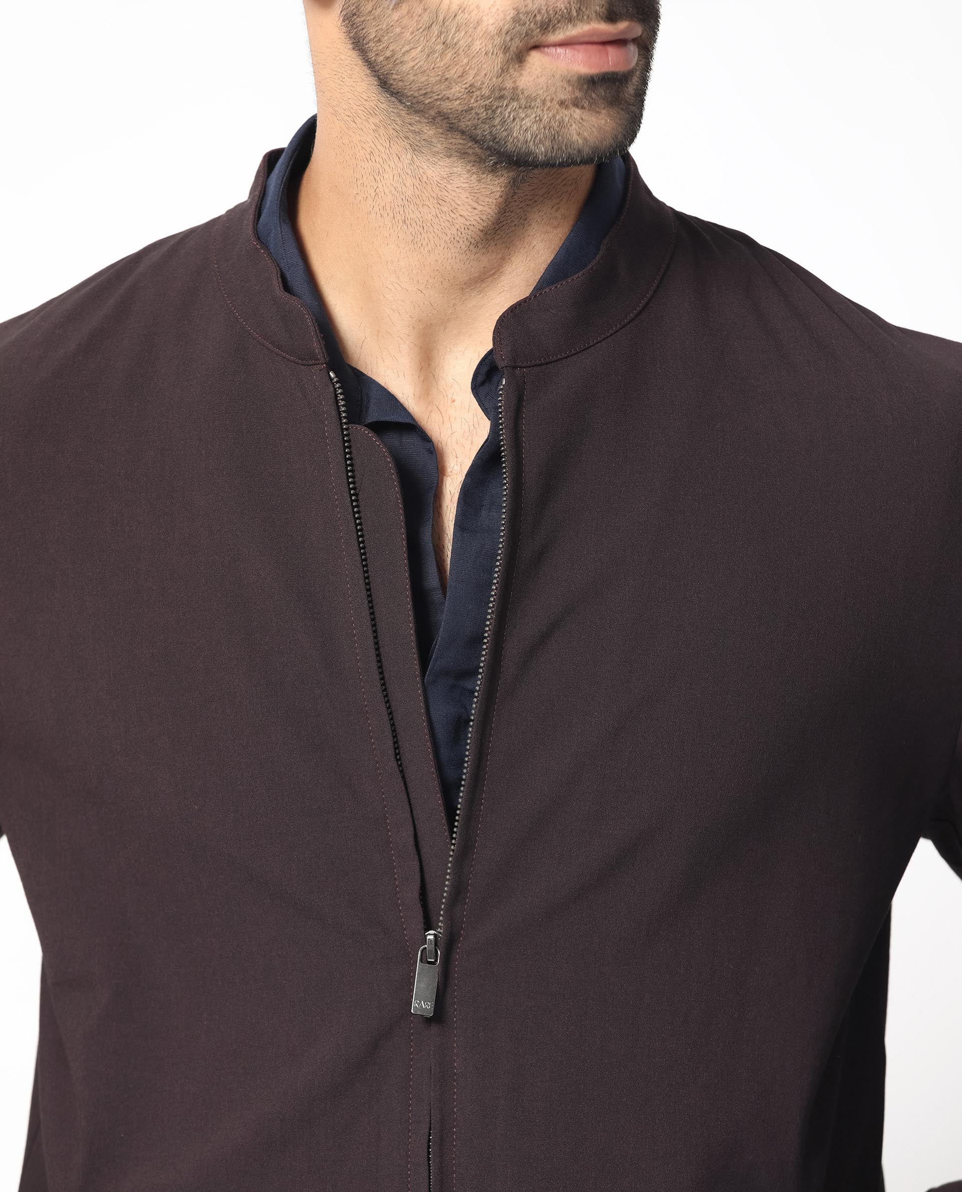 Rare Rabbit Men's Rion Dark Maroon Polyester Plain Regular Fit Full Sleeve High Neck Jacket - Image 3
