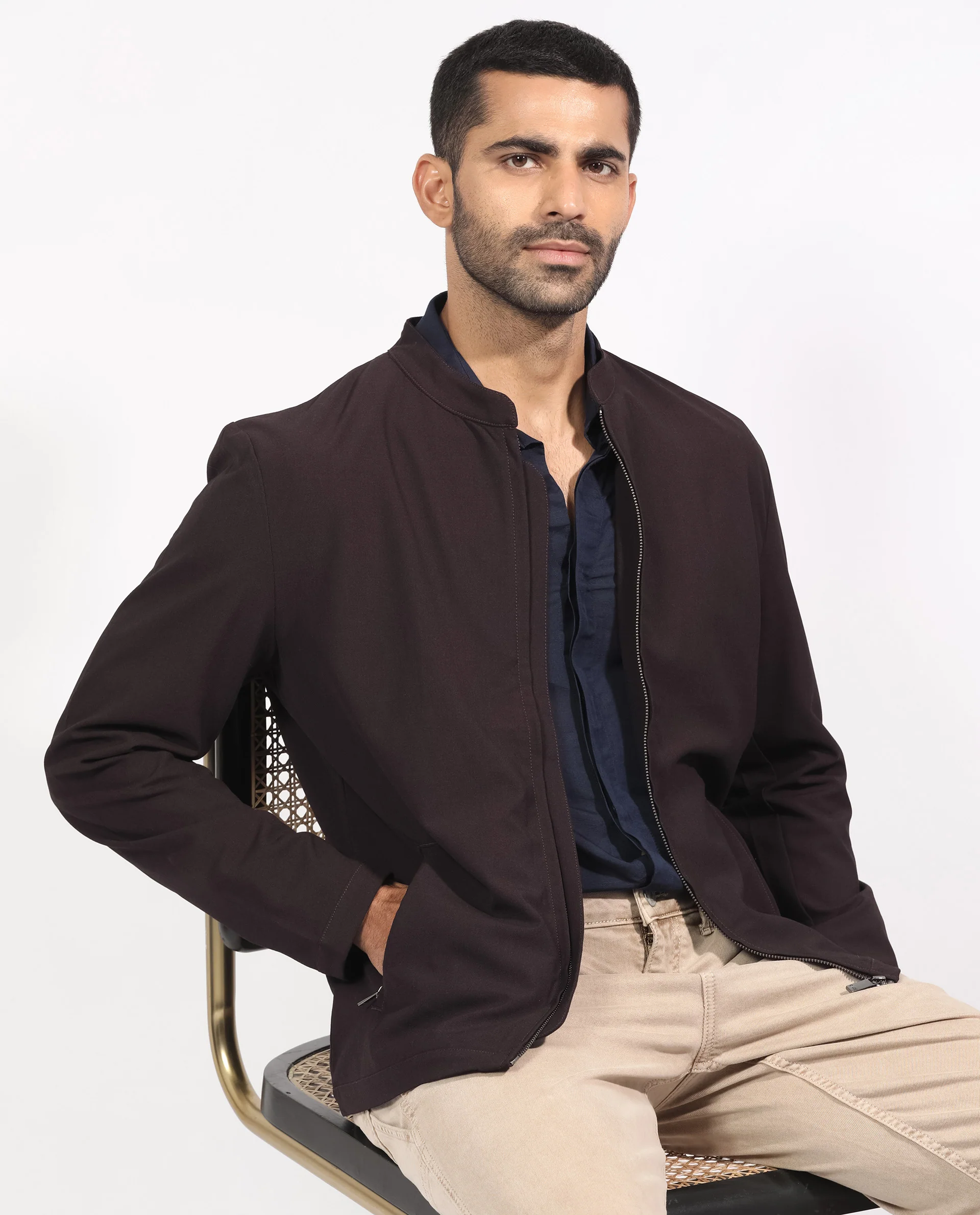 Rare Rabbit Men's Rion Dark Maroon Polyester Plain Regular Fit Full Sleeve High Neck Jacket - Image 4