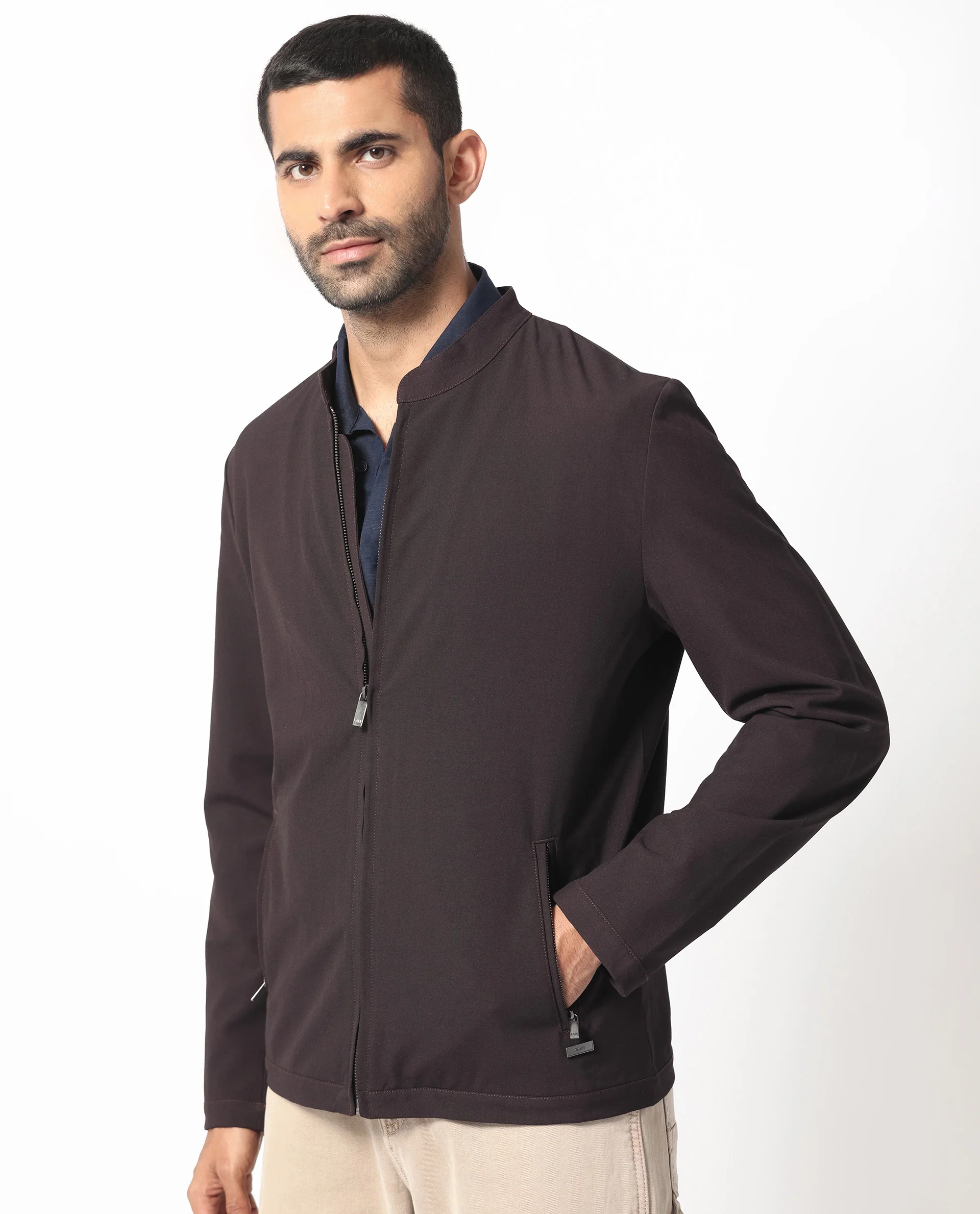 Rare Rabbit Men's Rion Dark Maroon Polyester Plain Regular Fit Full Sleeve High Neck Jacket - Image 8