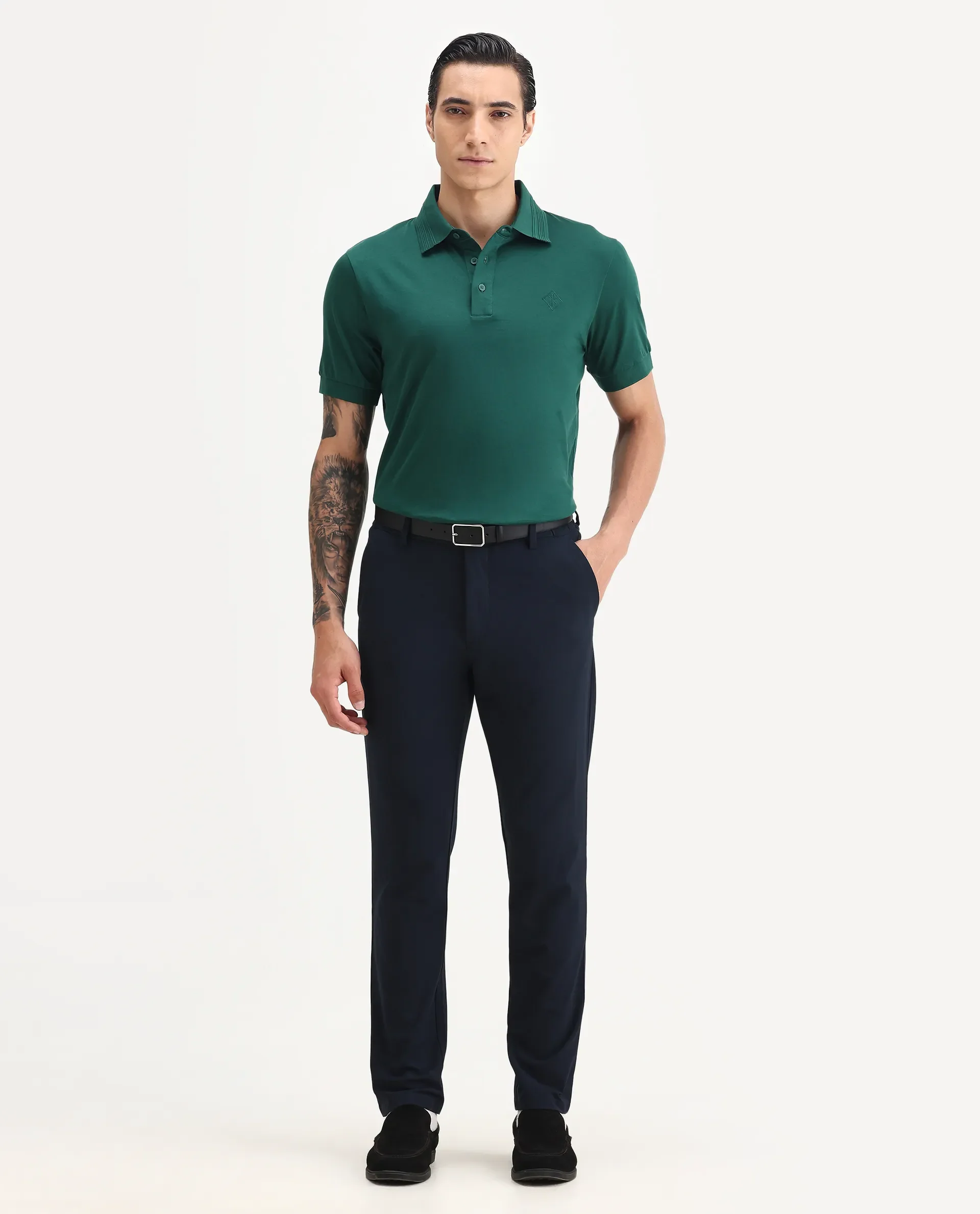 Rare Rabbit Men's Ripl Dark Green Cotton Plain Regular Fit Half Sleeve Polo - Image 2