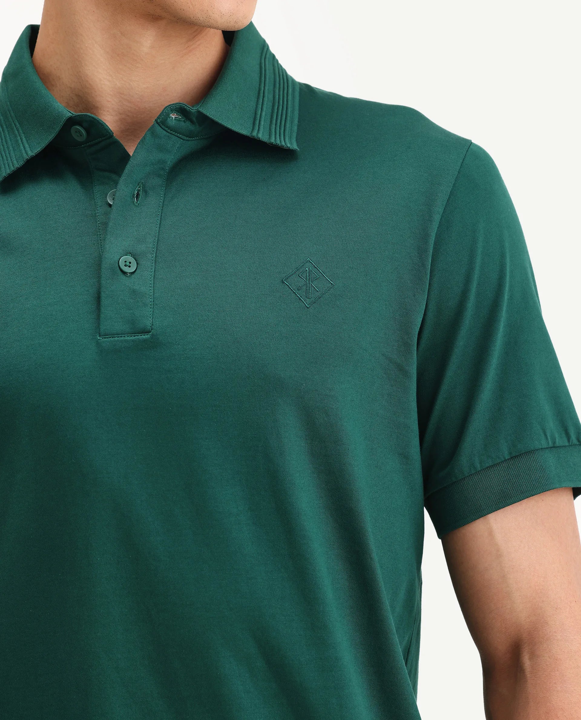 Rare Rabbit Men's Ripl Dark Green Cotton Plain Regular Fit Half Sleeve Polo - Image 3