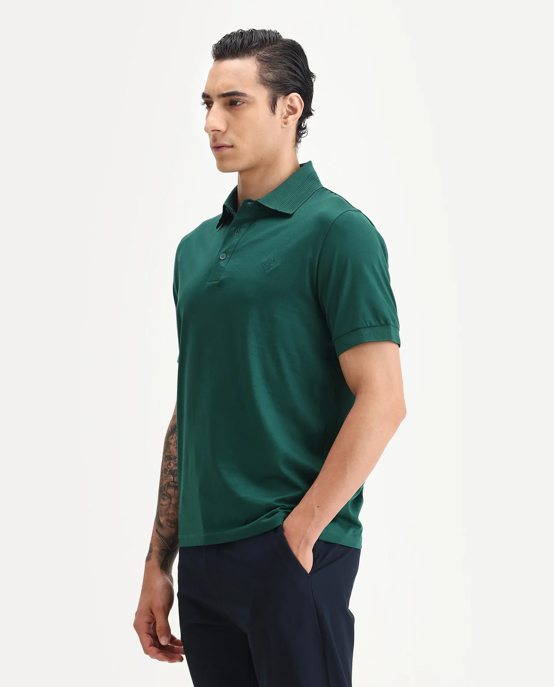 Rare Rabbit Men's Ripl Dark Green Cotton Plain Regular Fit Half Sleeve Polo - Image 4