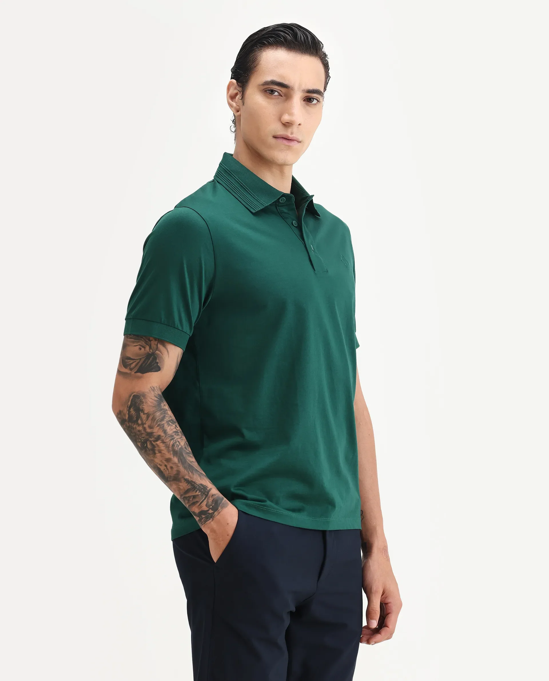 Rare Rabbit Men's Ripl Dark Green Cotton Plain Regular Fit Half Sleeve Polo - Image 5