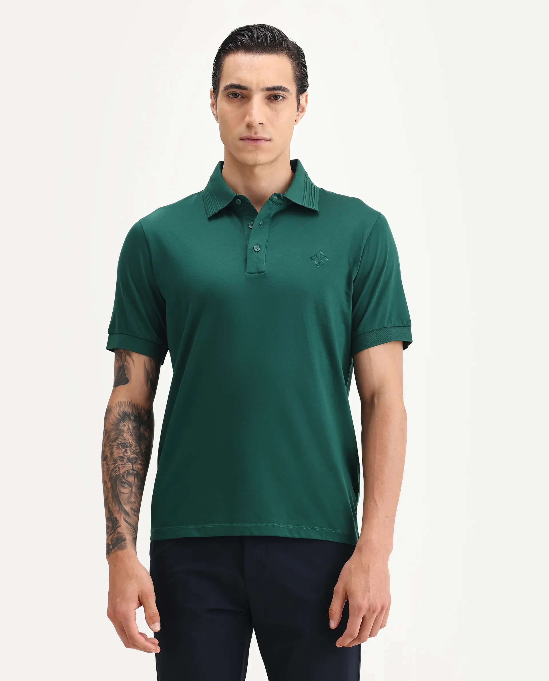 Rare Rabbit Men's Ripl Dark Green Cotton Plain Regular Fit Half Sleeve Polo - Image 6