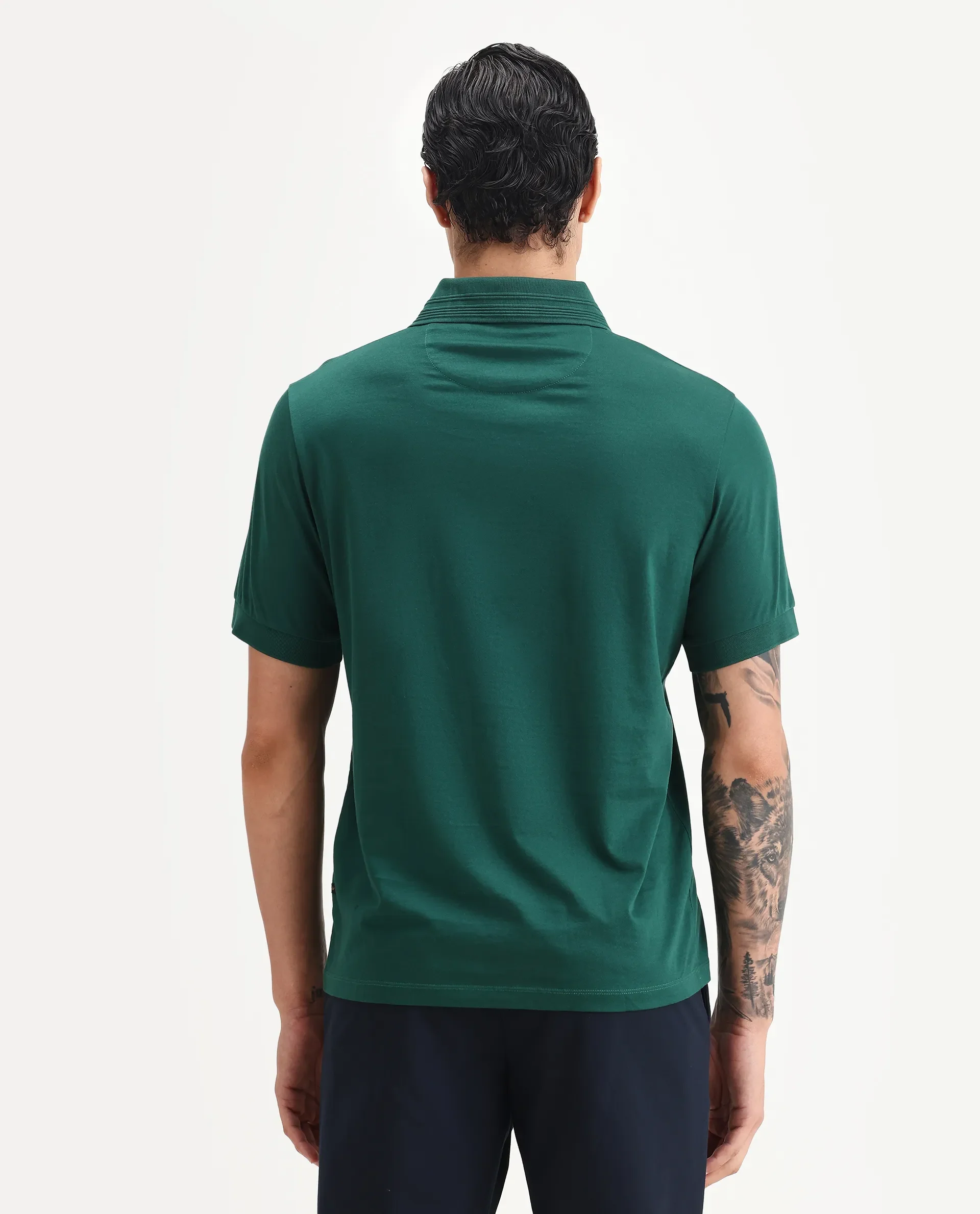 Rare Rabbit Men's Ripl Dark Green Cotton Plain Regular Fit Half Sleeve Polo - Image 7