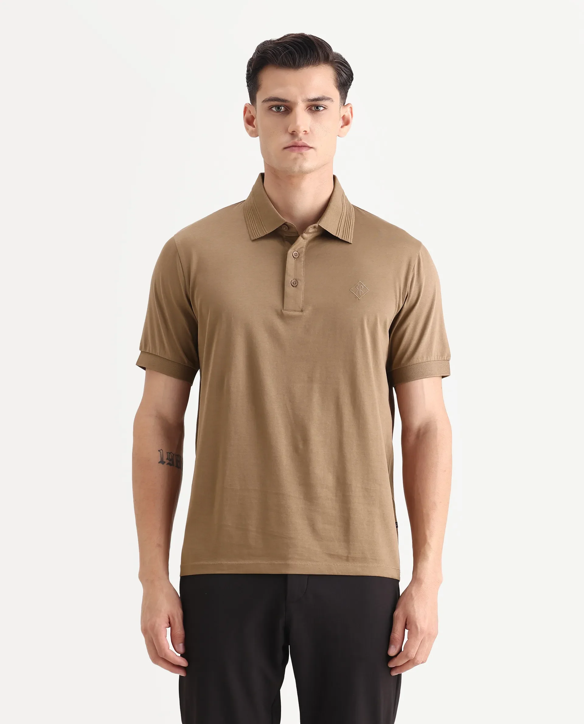Rare Rabbit Men's Ripl Dusky Brown Cotton Plain Regular Fit Half Sleeve Polo - Image 4
