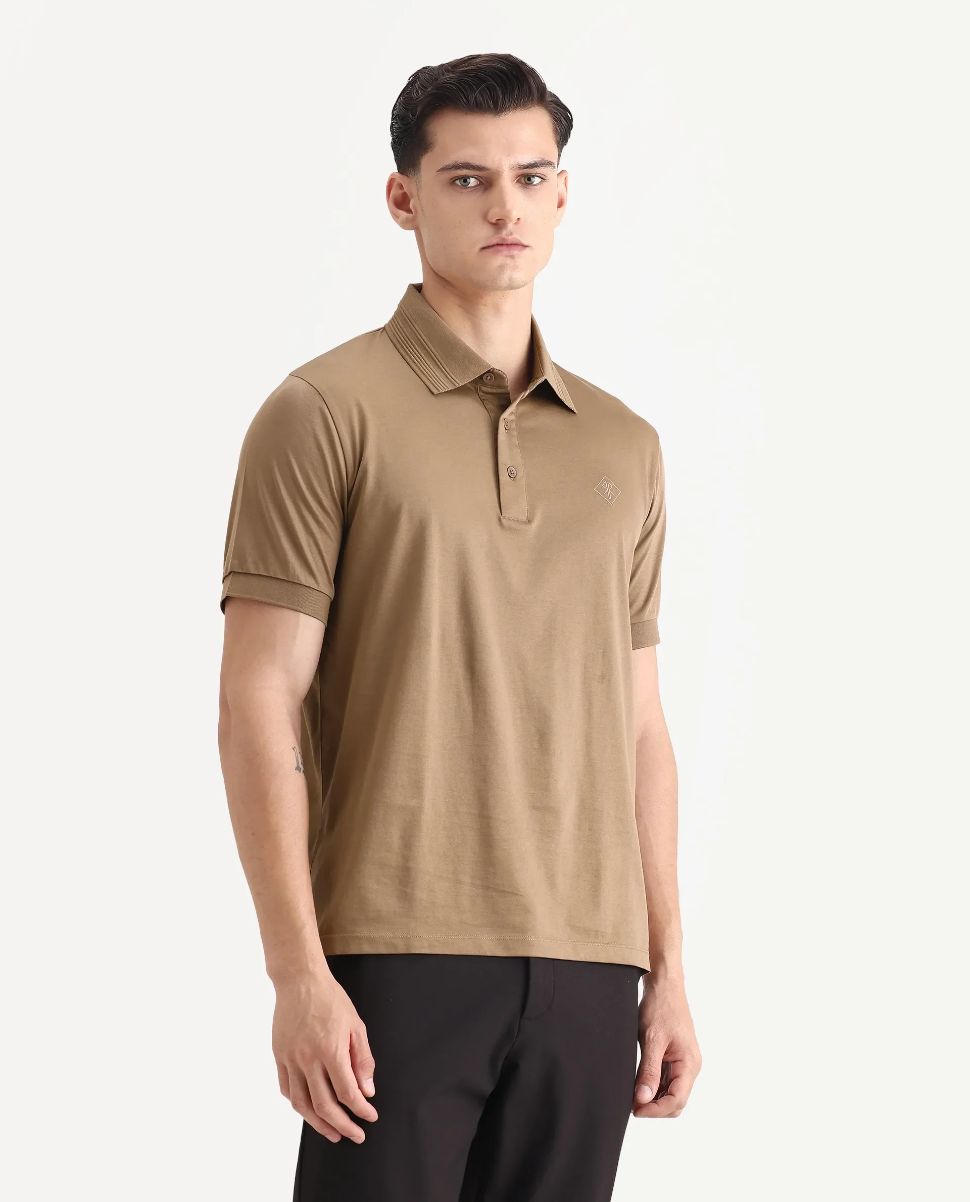 Rare Rabbit Men's Ripl Dusky Brown Cotton Plain Regular Fit Half Sleeve Polo - Image 6