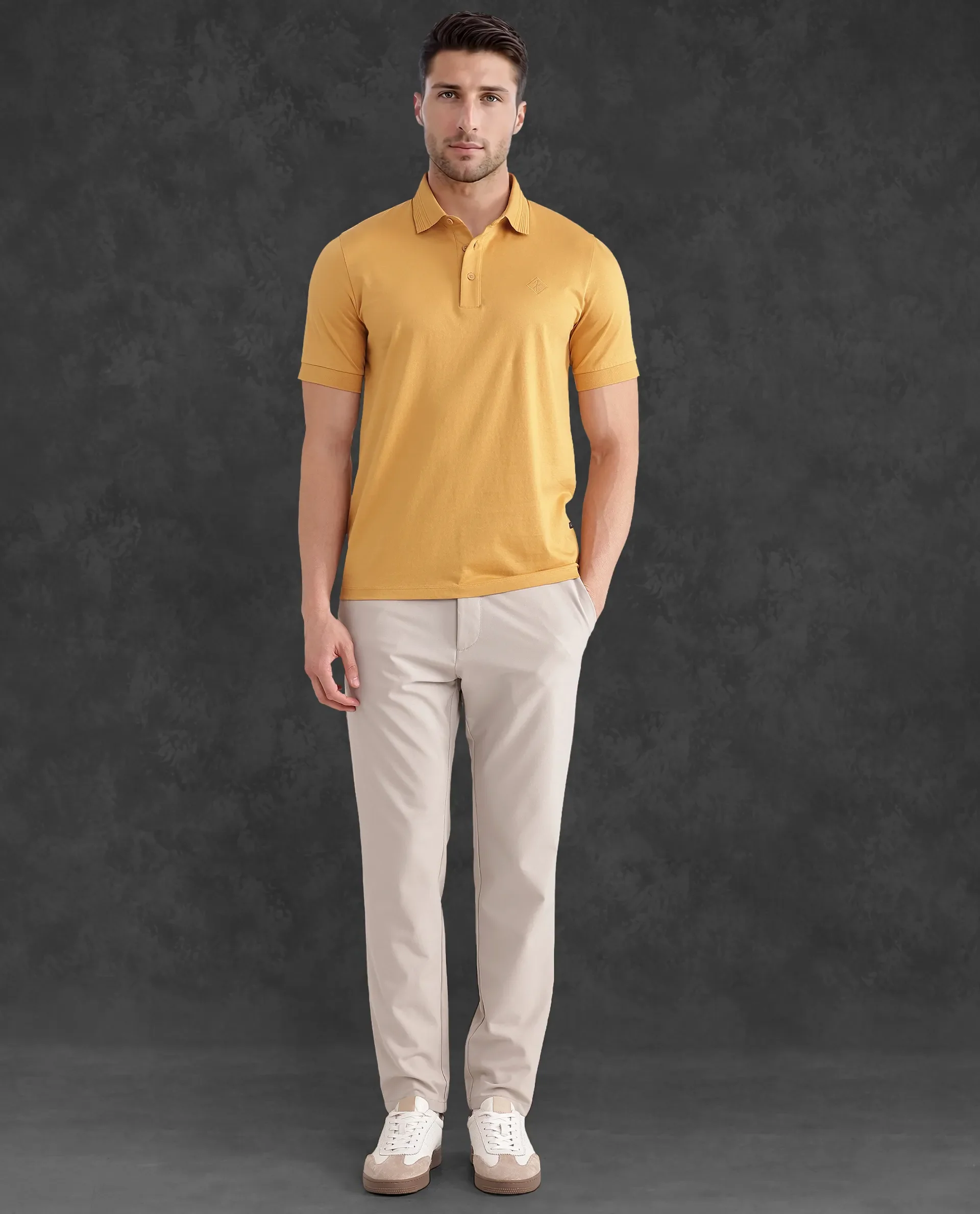 Rare Rabbit Men's Ripl Mustard Cotton Plain Regular Fit Half Sleeve Polo - Image 2