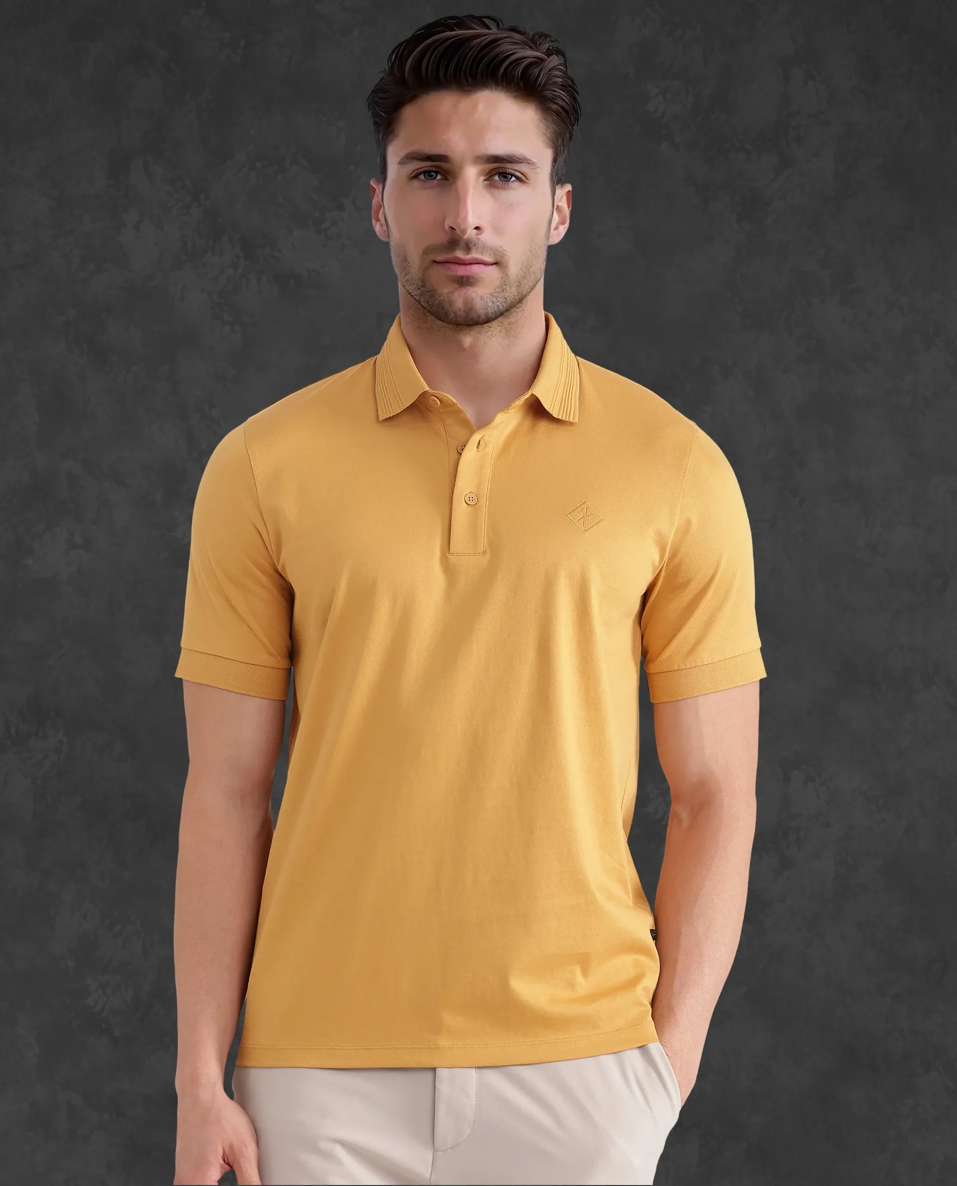 Rare Rabbit Men's Ripl Mustard Cotton Plain Regular Fit Half Sleeve Polo - Image 4