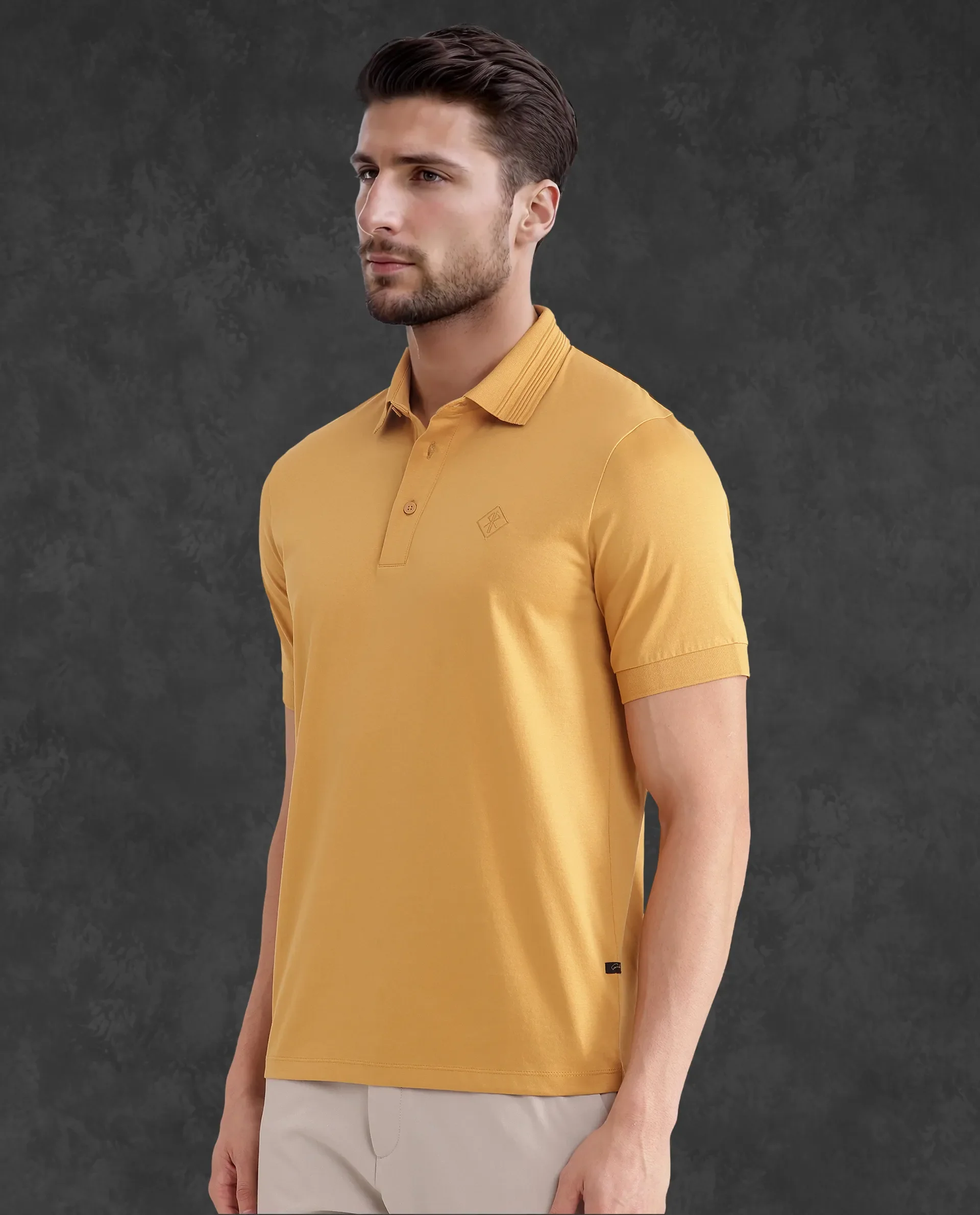 Rare Rabbit Men's Ripl Mustard Cotton Plain Regular Fit Half Sleeve Polo - Image 6