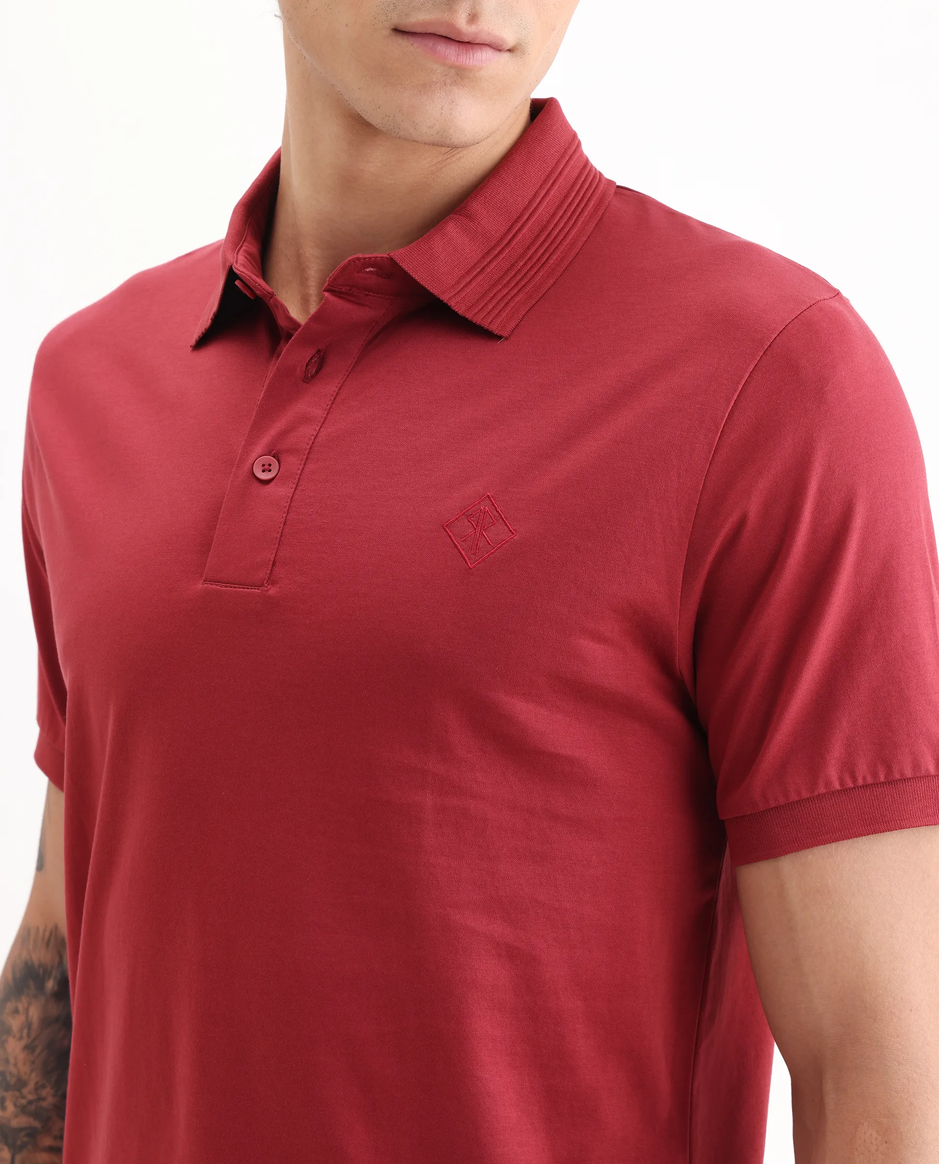 Rare Rabbit Men's Ripl Red Cotton Plain Regular Fit Half Sleeve Polo - Image 3