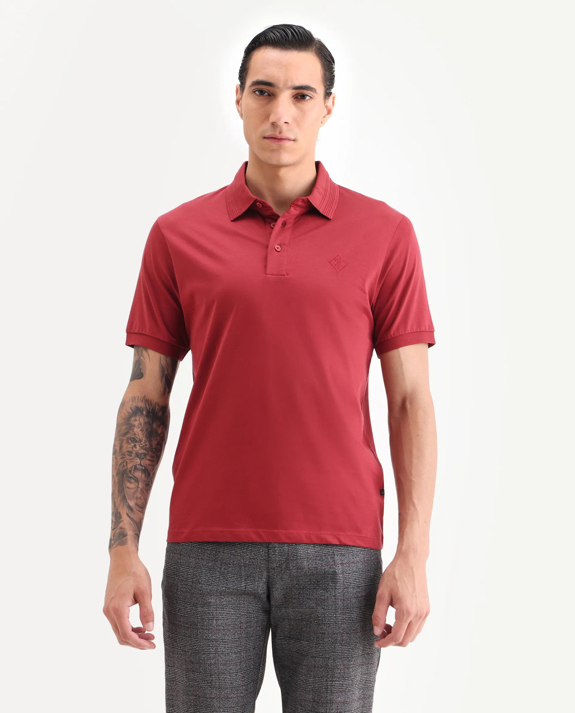 Rare Rabbit Men's Ripl Red Cotton Plain Regular Fit Half Sleeve Polo - Image 4