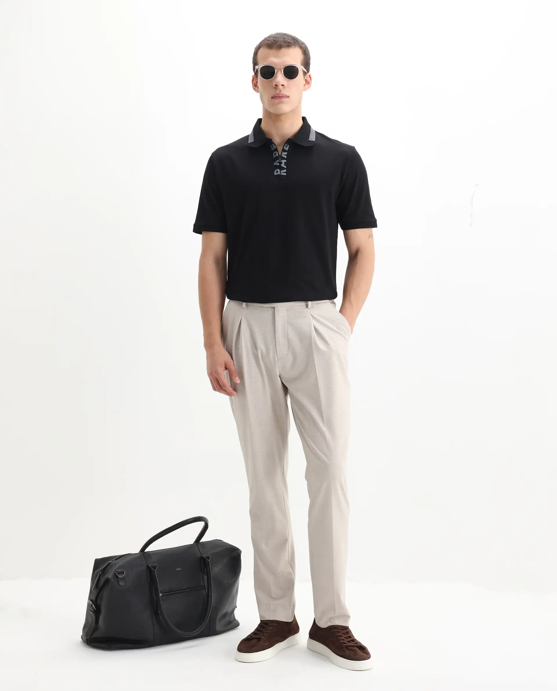 Rare Rabbit Men's Rique Black Cotton Plain Regular Fit Half Sleeve Polo - Image 2
