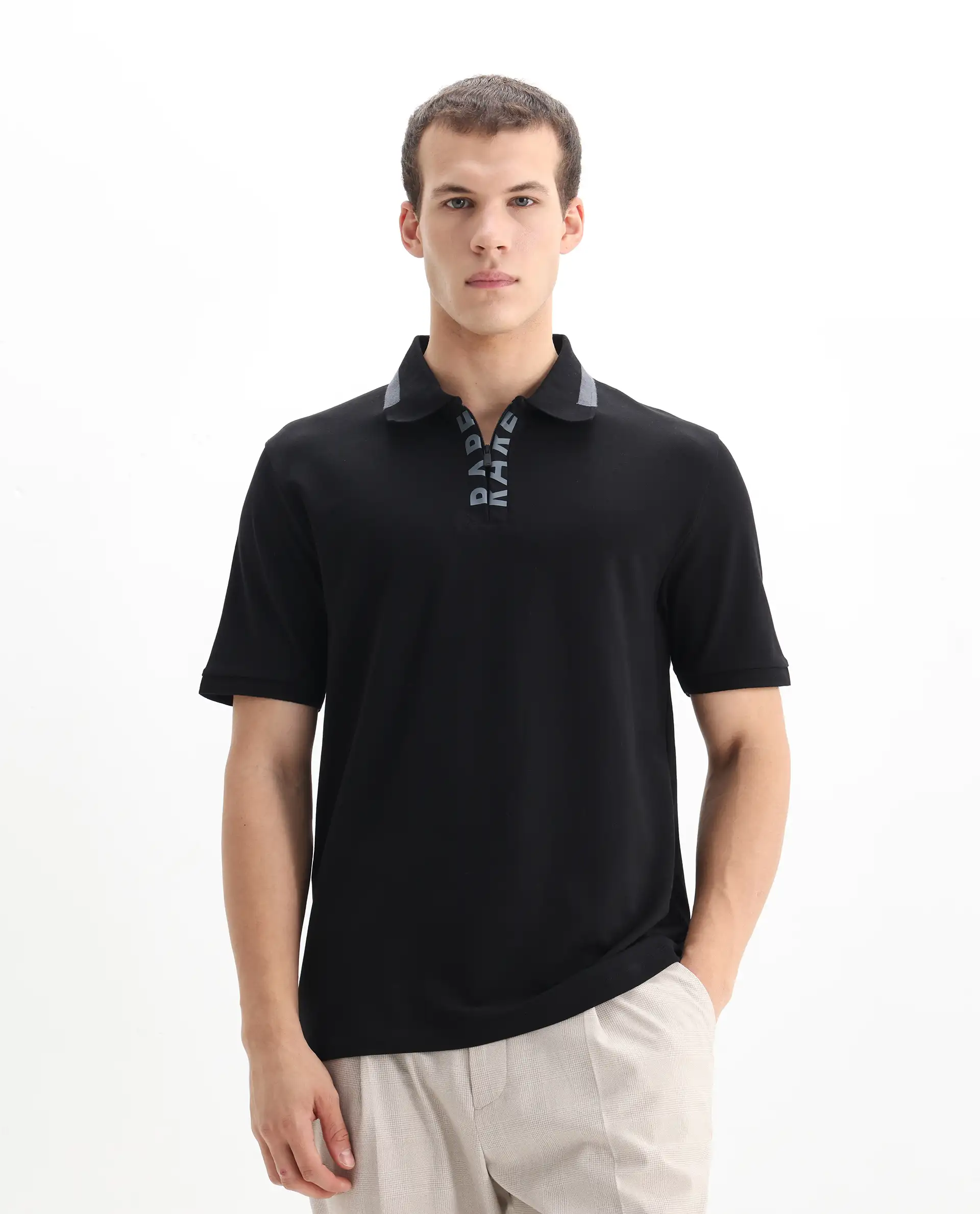 Rare Rabbit Men's Rique Black Cotton Plain Regular Fit Half Sleeve Polo - Image 4