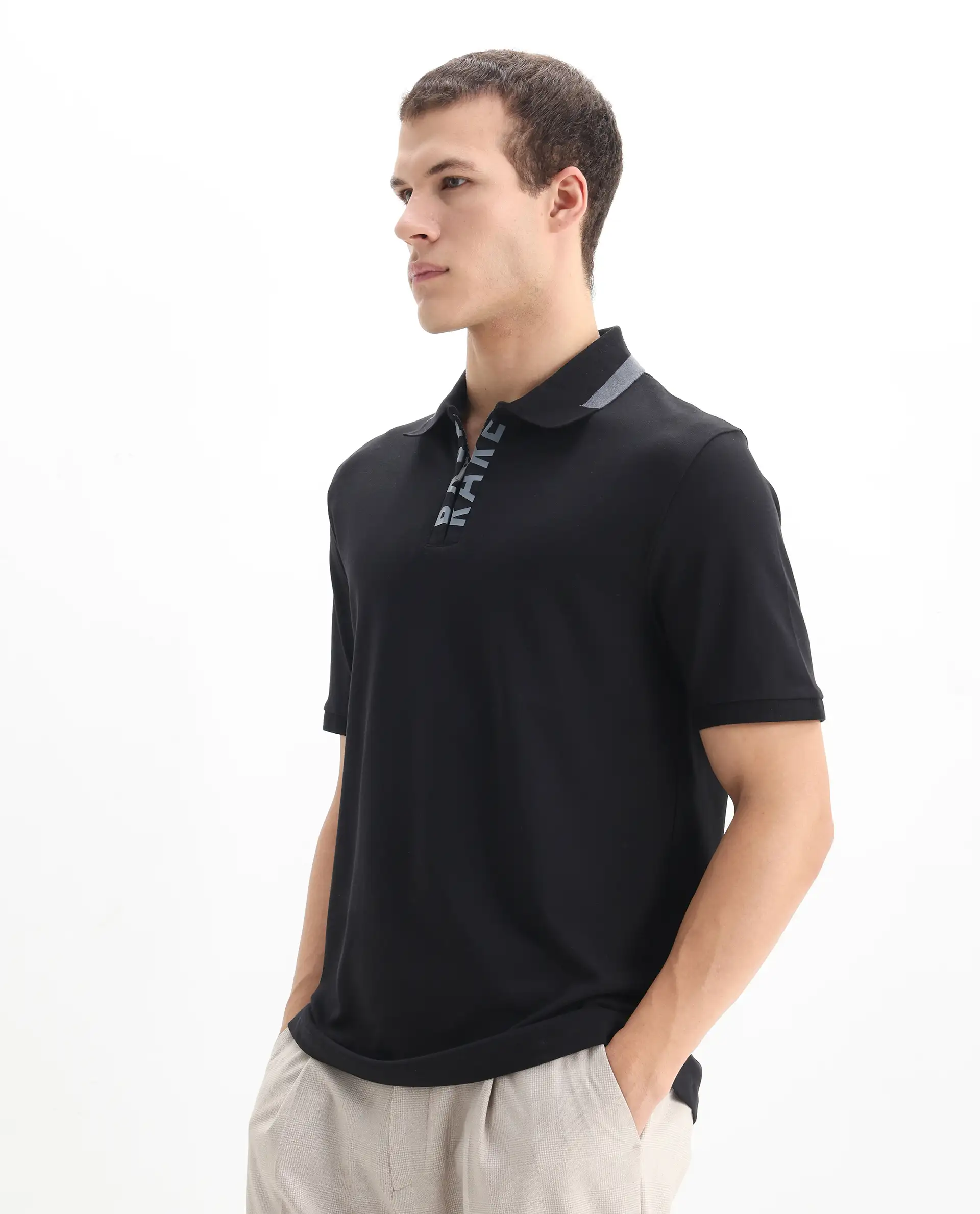 Rare Rabbit Men's Rique Black Cotton Plain Regular Fit Half Sleeve Polo - Image 5