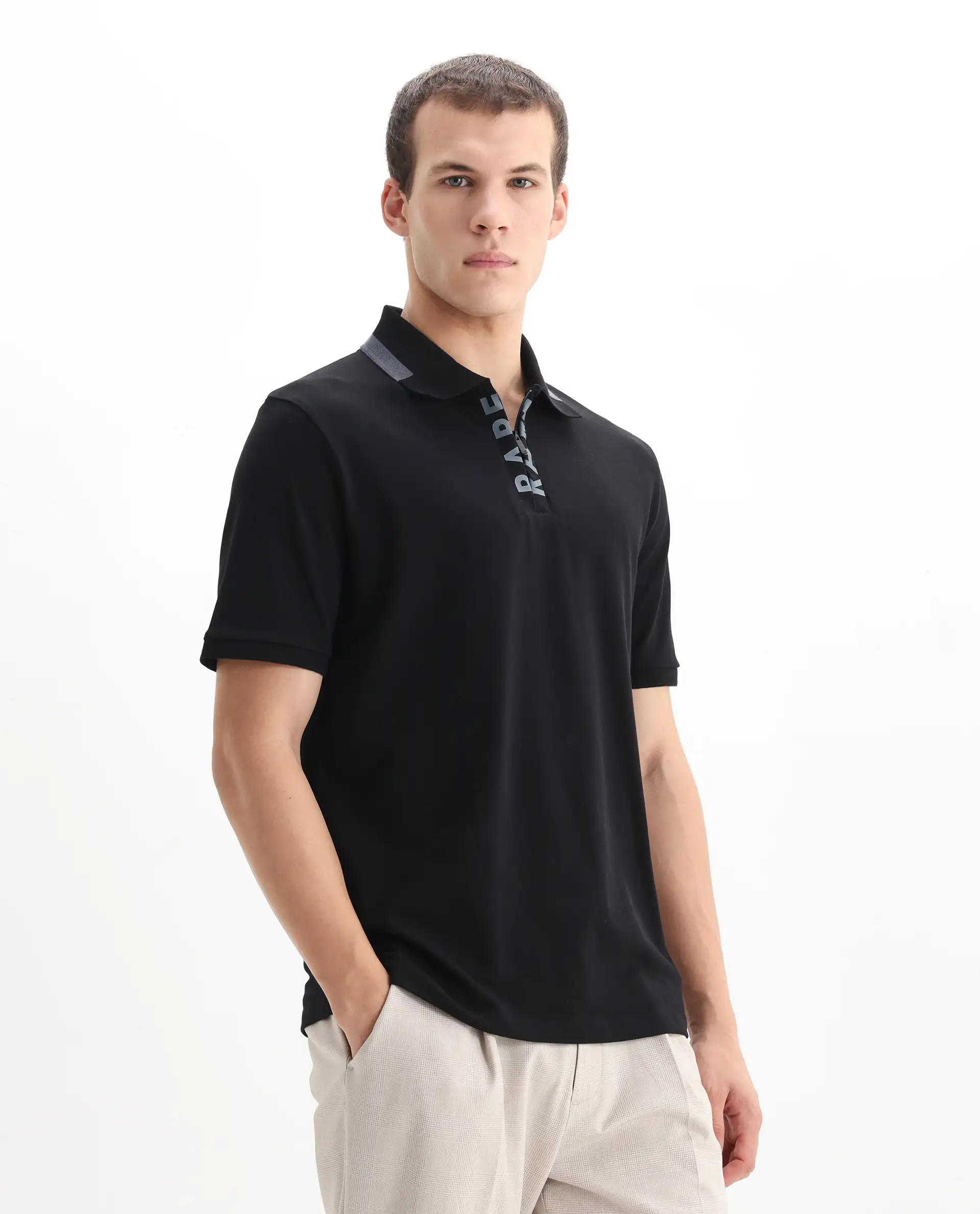 Rare Rabbit Men's Rique Black Cotton Plain Regular Fit Half Sleeve Polo - Image 6