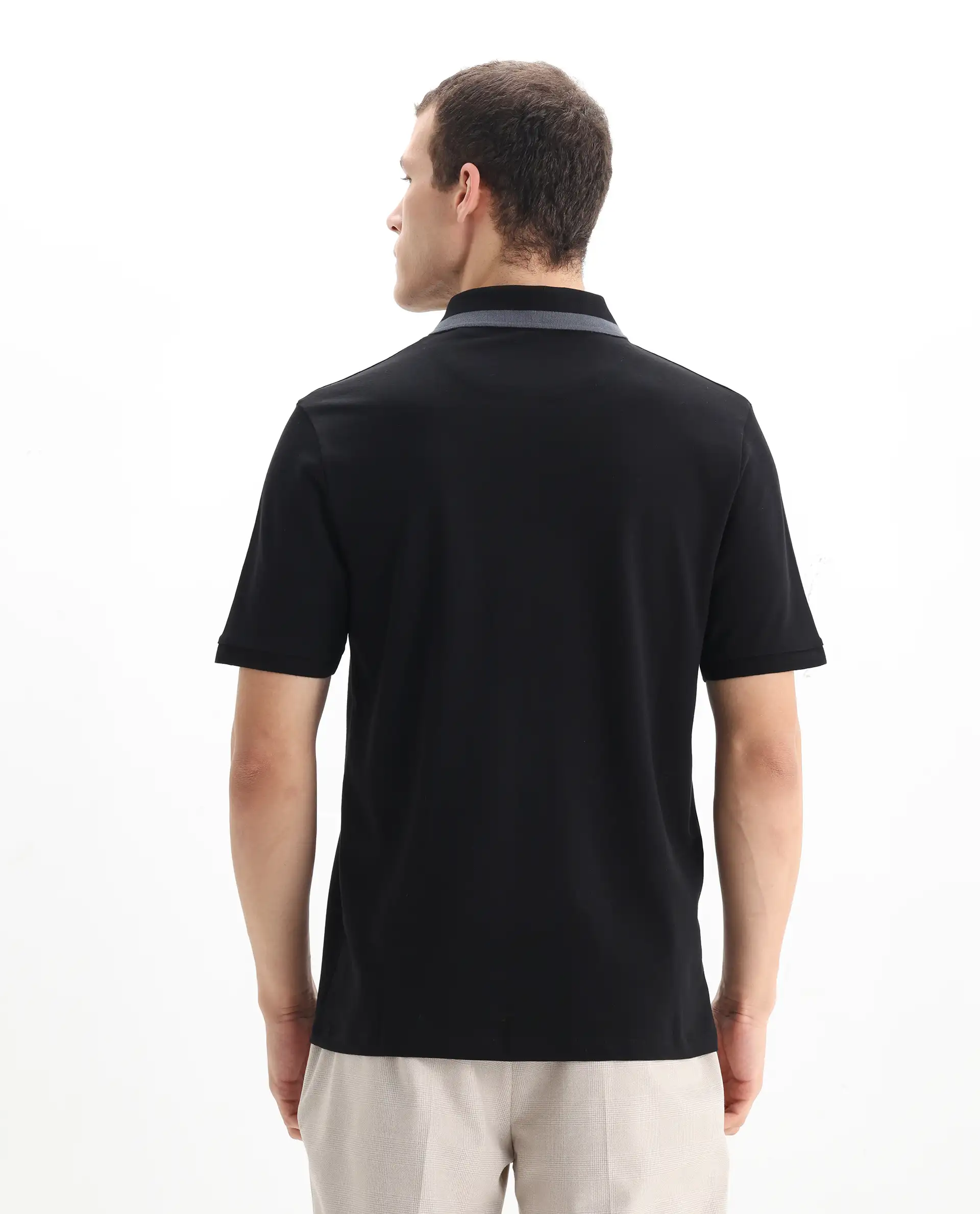 Rare Rabbit Men's Rique Black Cotton Plain Regular Fit Half Sleeve Polo - Image 7