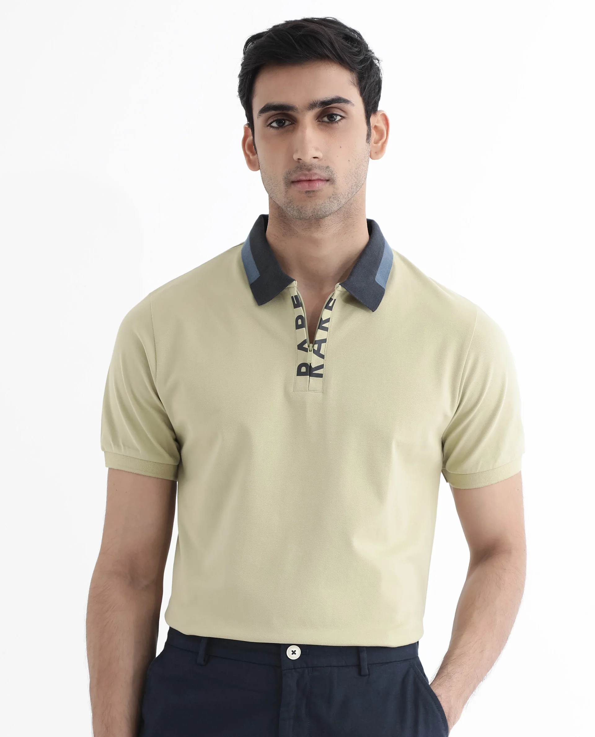 Rare Rabbit Men's Rique Dusky Green Cotton Plain Regular Fit Half Sleeve Polo - Image 4