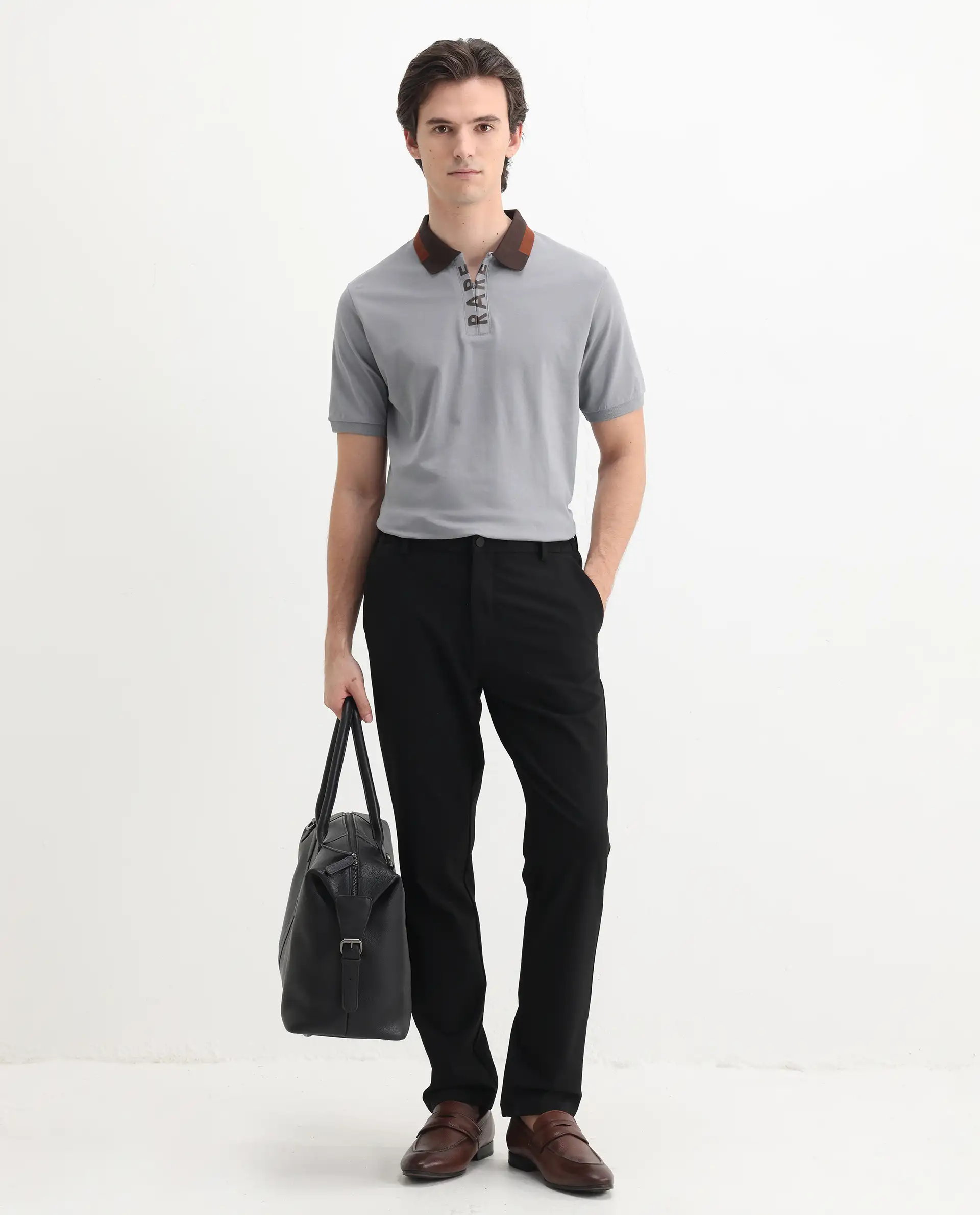 Rare Rabbit Men's Rique Light Grey Cotton Plain Regular Fit Half Sleeve Polo - Image 2