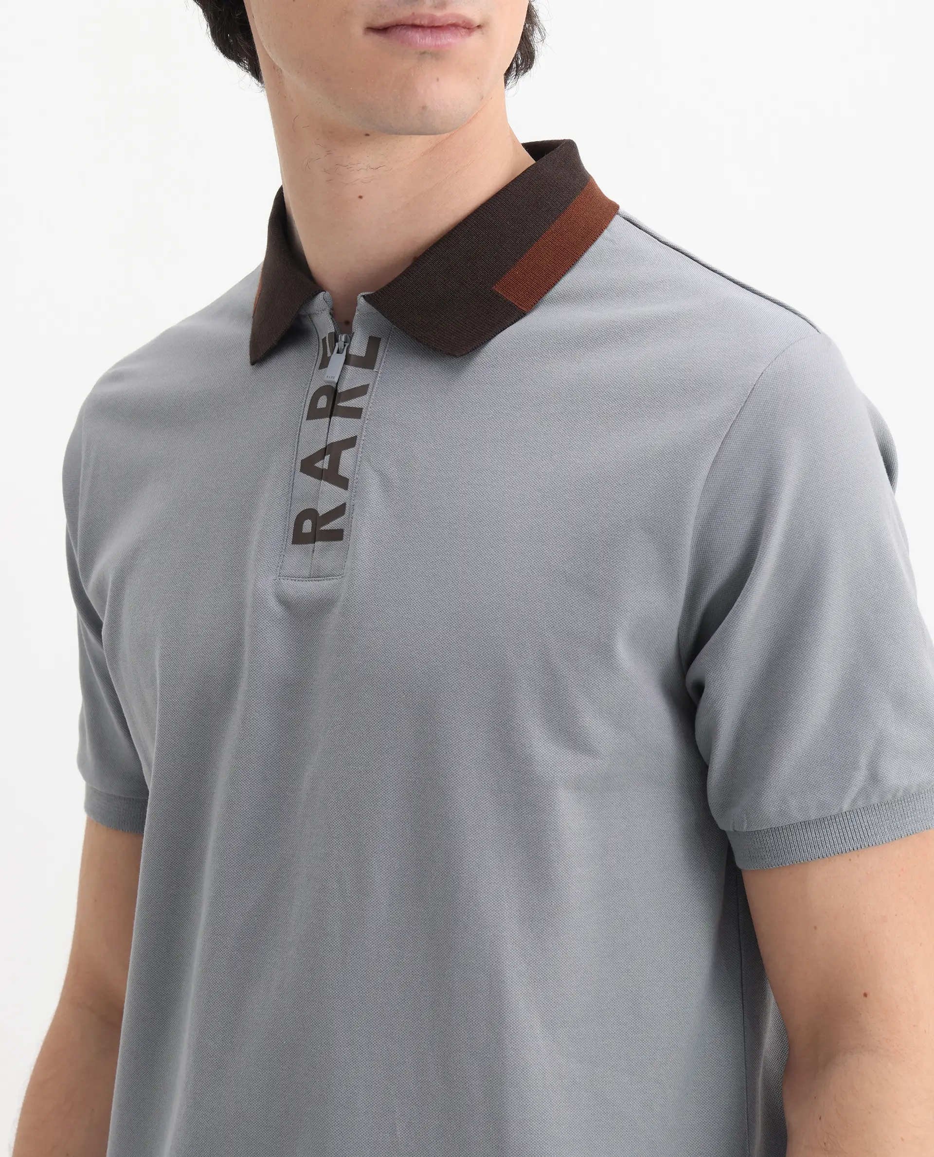 Rare Rabbit Men's Rique Light Grey Cotton Plain Regular Fit Half Sleeve Polo - Image 3