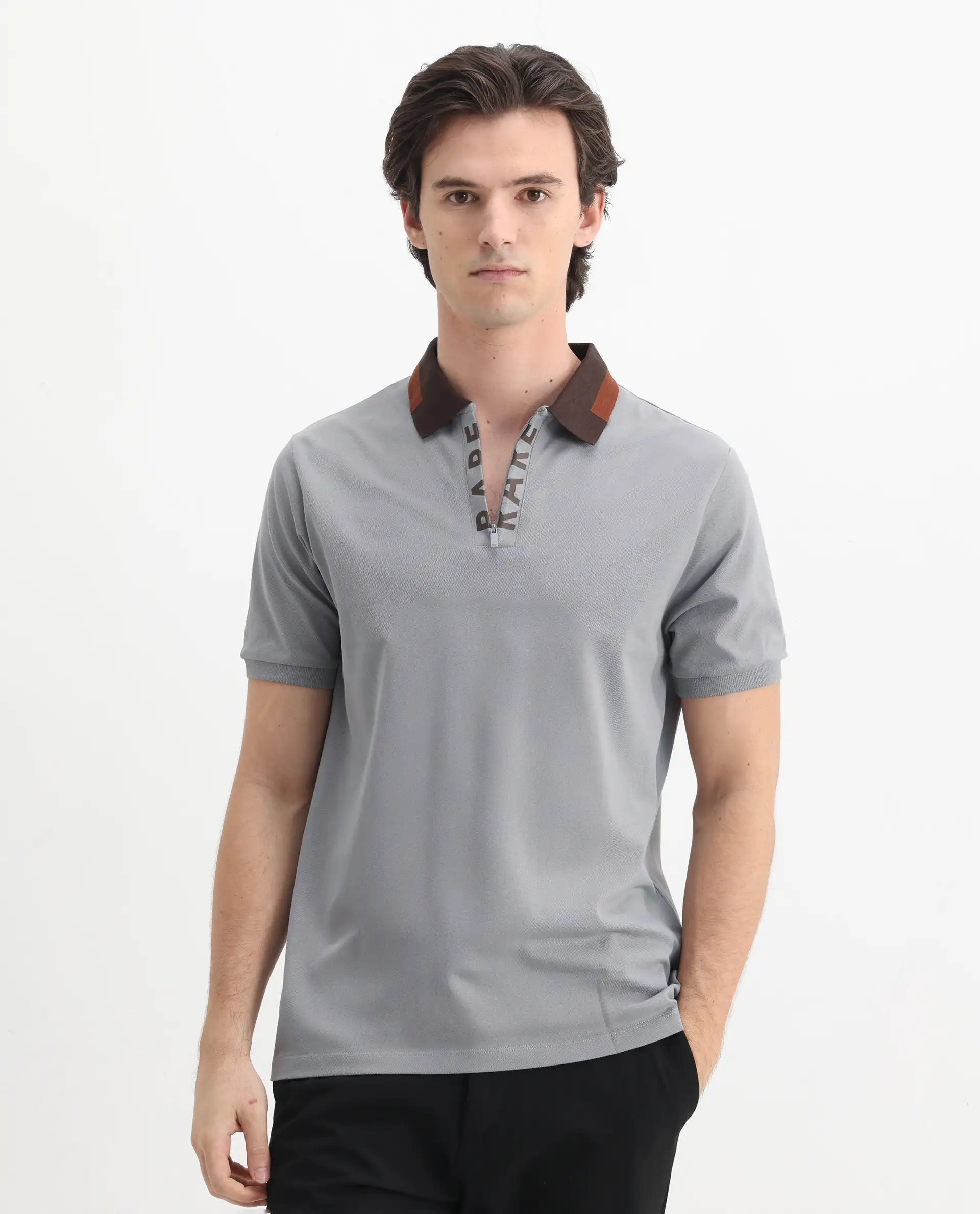 Rare Rabbit Men's Rique Light Grey Cotton Plain Regular Fit Half Sleeve Polo - Image 4