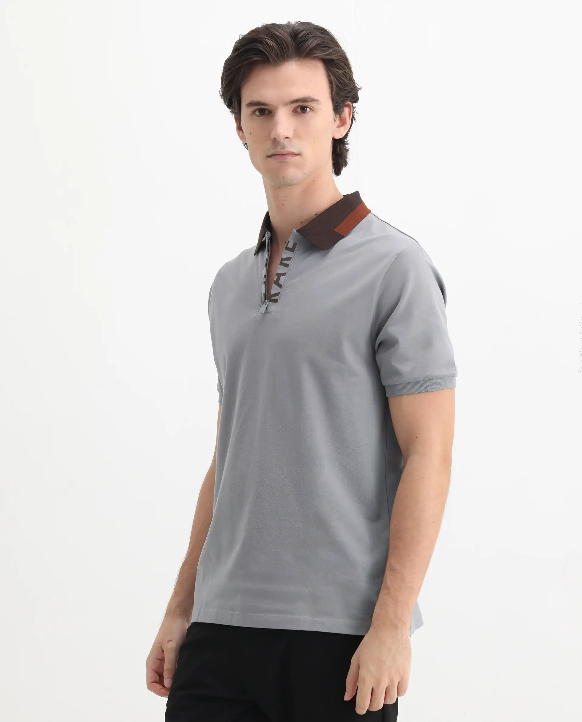 Rare Rabbit Men's Rique Light Grey Cotton Plain Regular Fit Half Sleeve Polo - Image 5