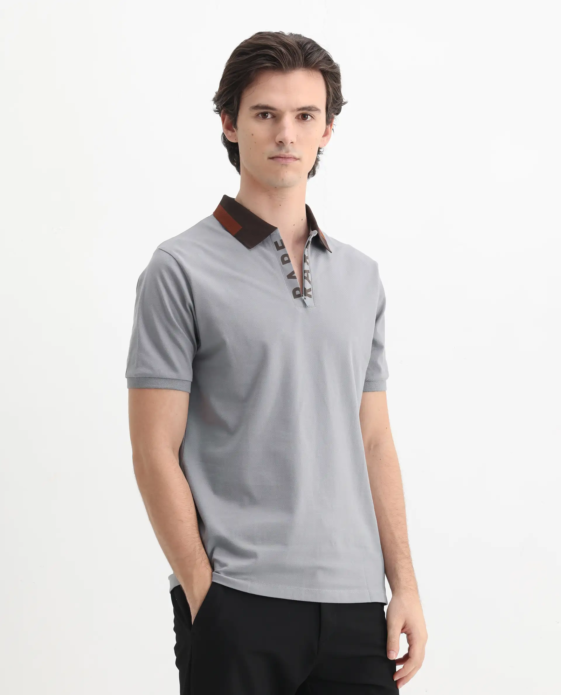 Rare Rabbit Men's Rique Light Grey Cotton Plain Regular Fit Half Sleeve Polo - Image 6