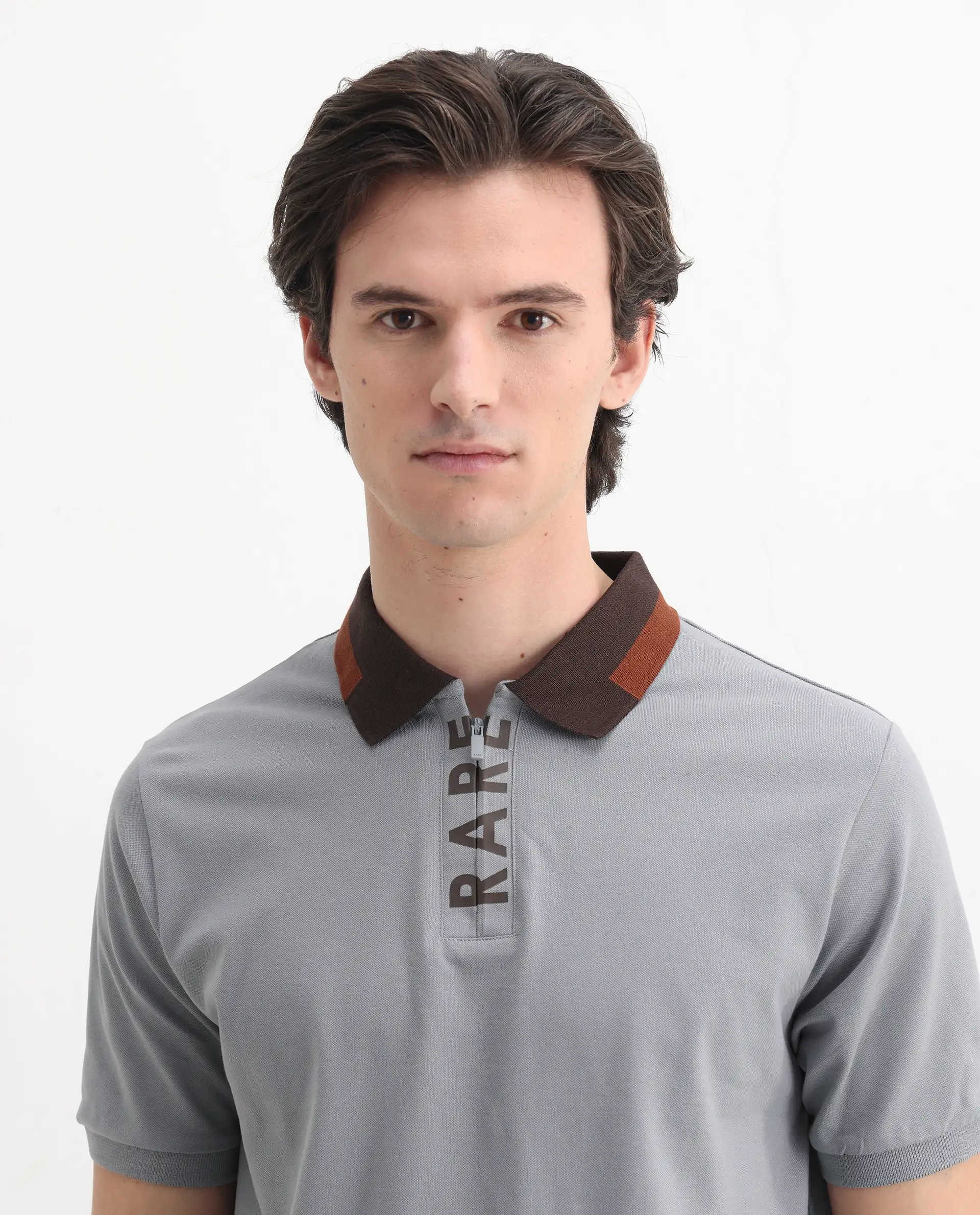 Rare Rabbit Men's Rique Light Grey Cotton Plain Regular Fit Half Sleeve Polo - Image 7
