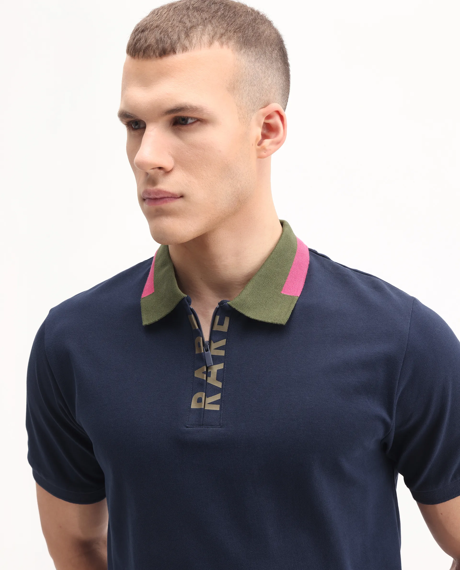 Rare Rabbit Men's Rique Navy Cotton Plain Regular Fit Half Sleeve Polo