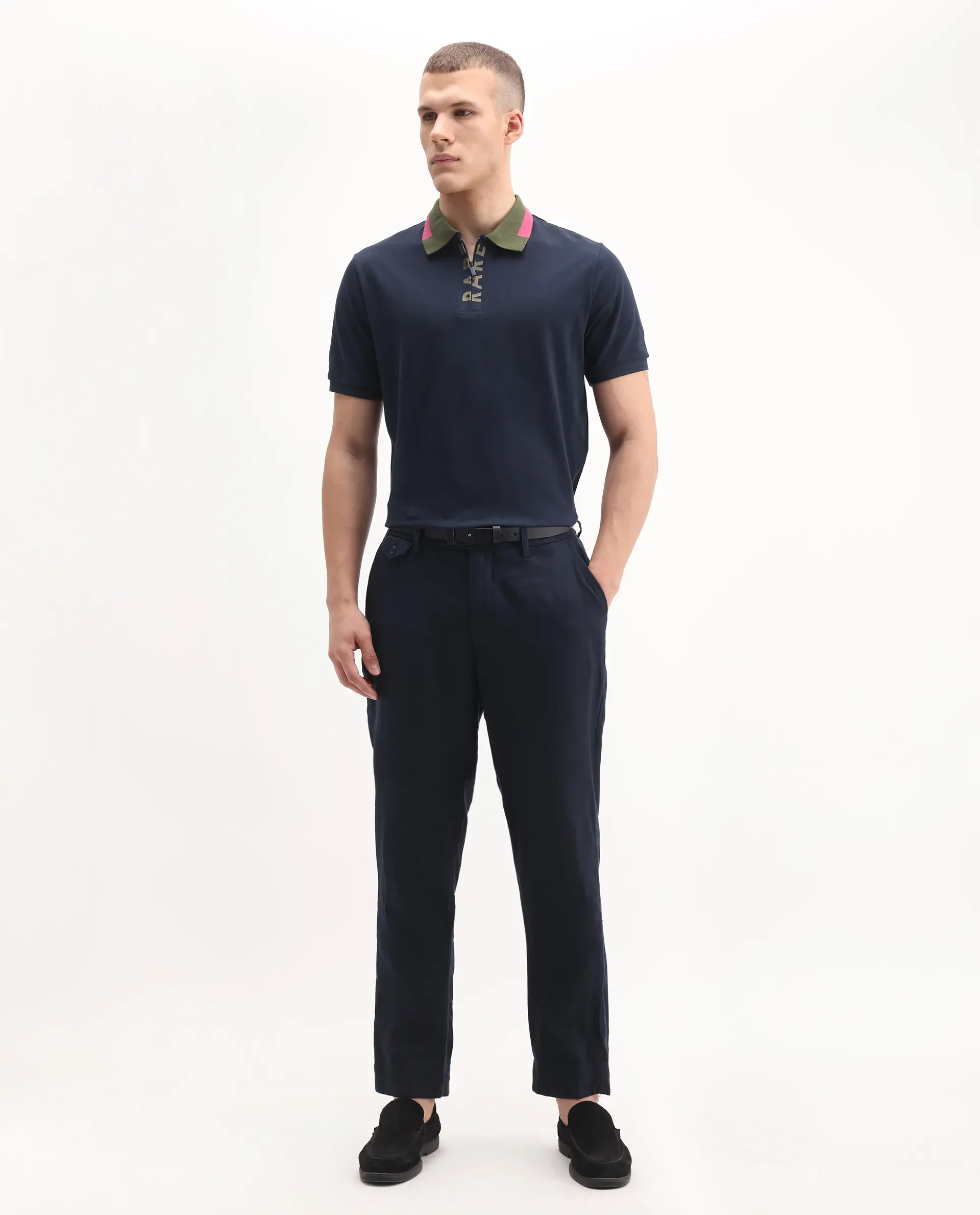 Rare Rabbit Men's Rique Navy Cotton Plain Regular Fit Half Sleeve Polo - Image 2