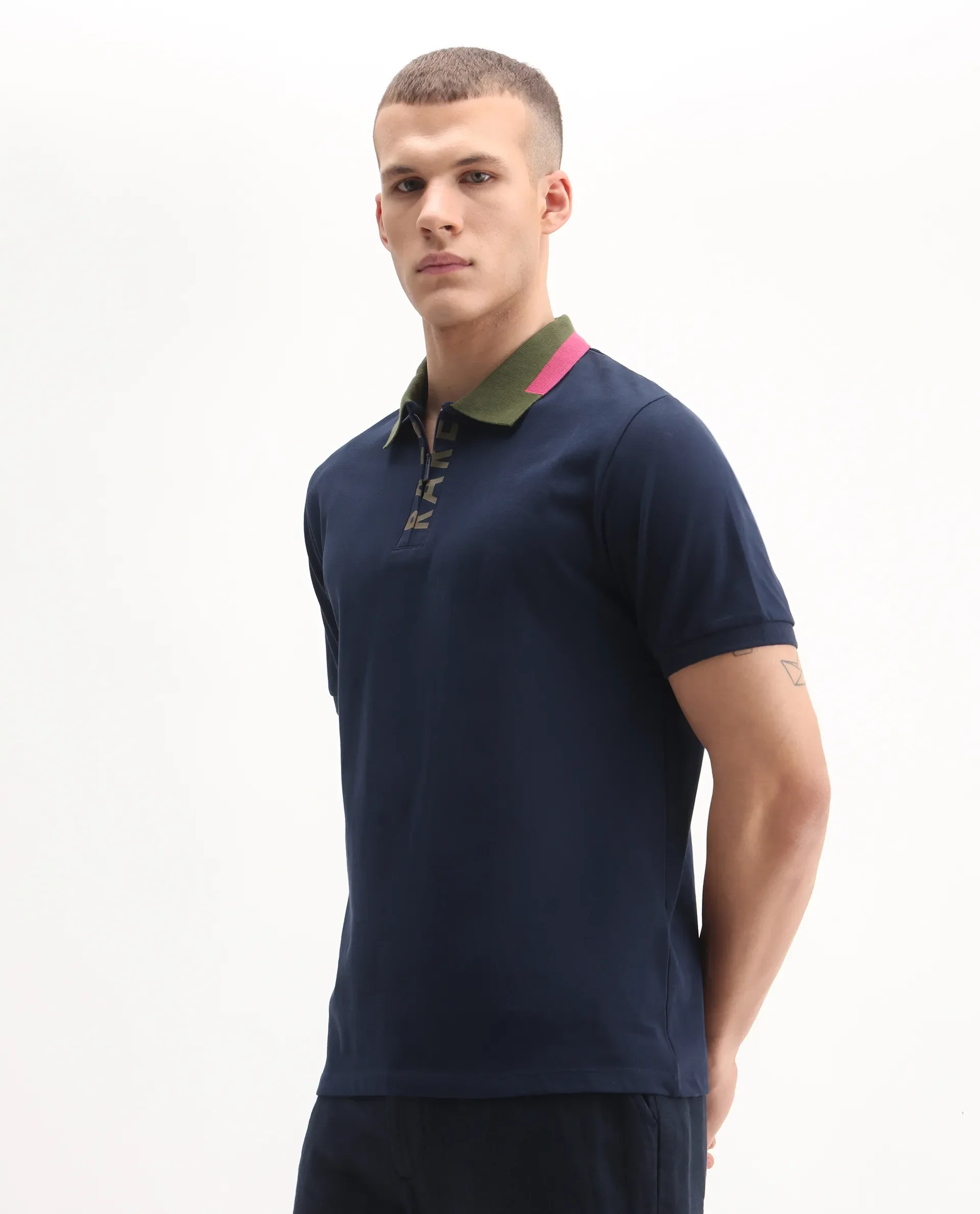 Rare Rabbit Men's Rique Navy Cotton Plain Regular Fit Half Sleeve Polo - Image 4