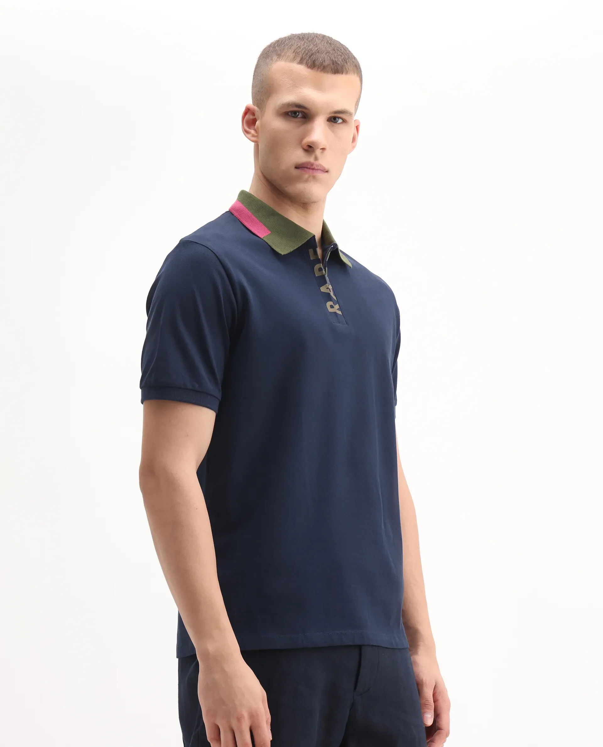 Rare Rabbit Men's Rique Navy Cotton Plain Regular Fit Half Sleeve Polo - Image 5