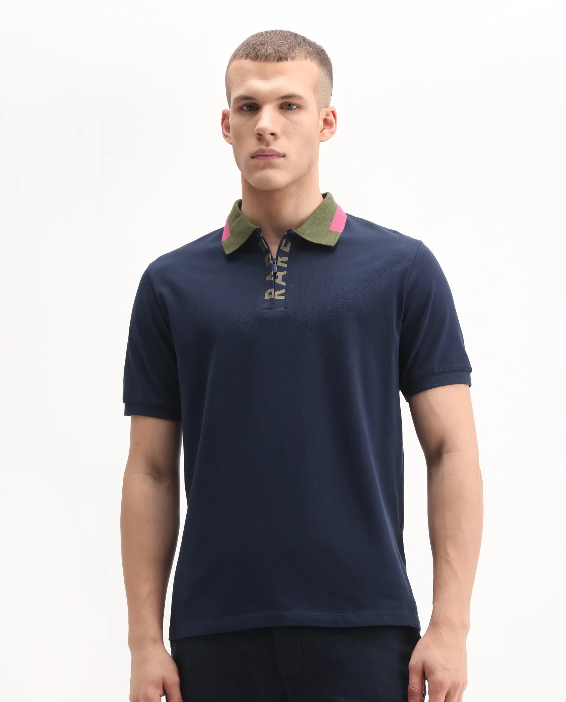 Rare Rabbit Men's Rique Navy Cotton Plain Regular Fit Half Sleeve Polo - Image 6