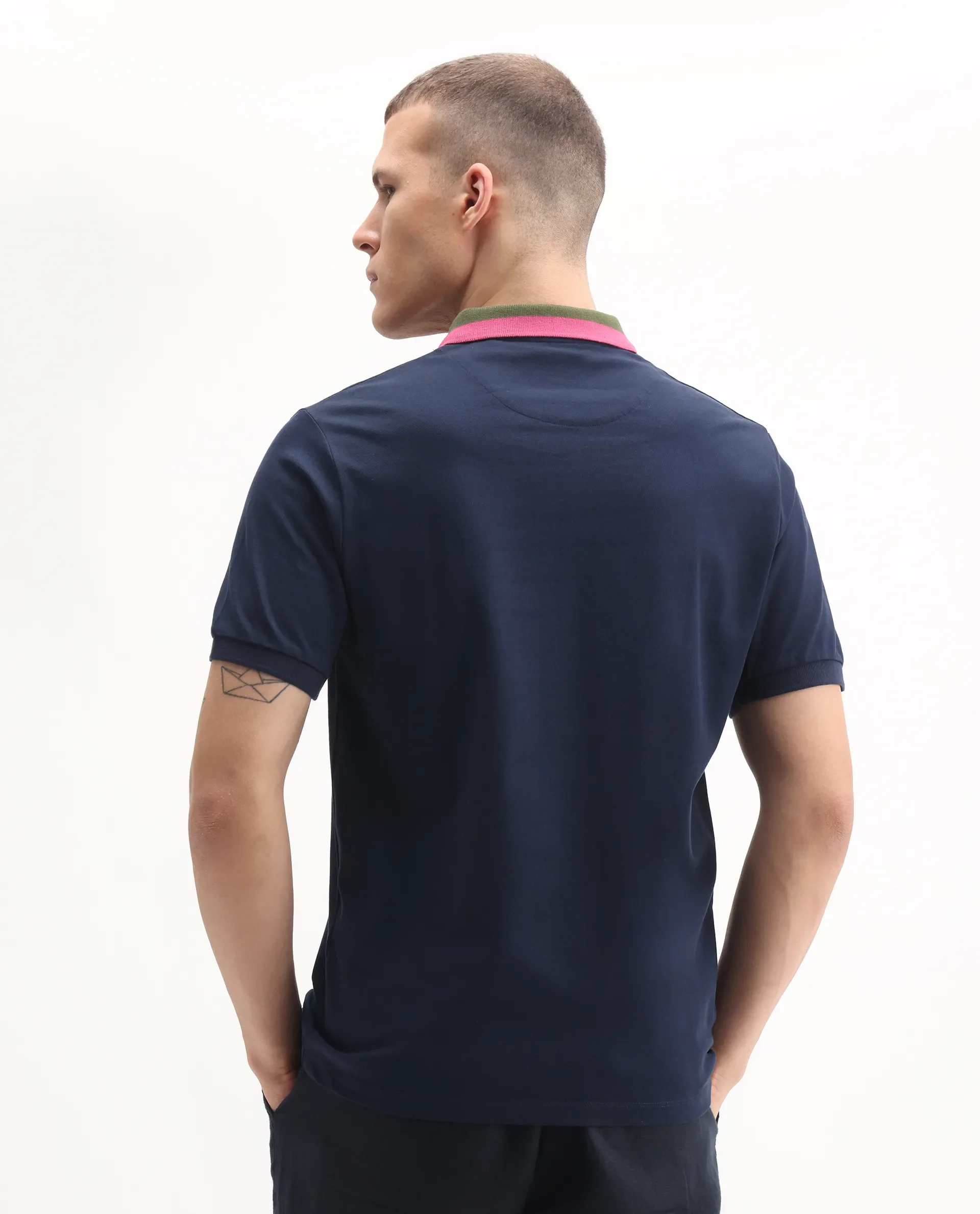 Rare Rabbit Men's Rique Navy Cotton Plain Regular Fit Half Sleeve Polo - Image 7
