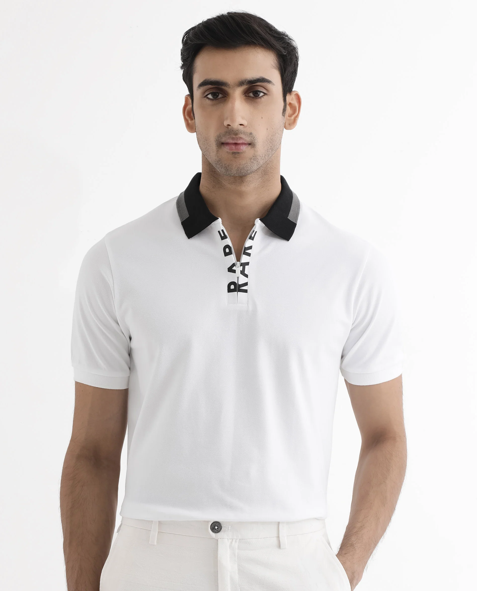 Rare Rabbit Men's Rique White Cotton Plain Regular Fit Half Sleeve Polo