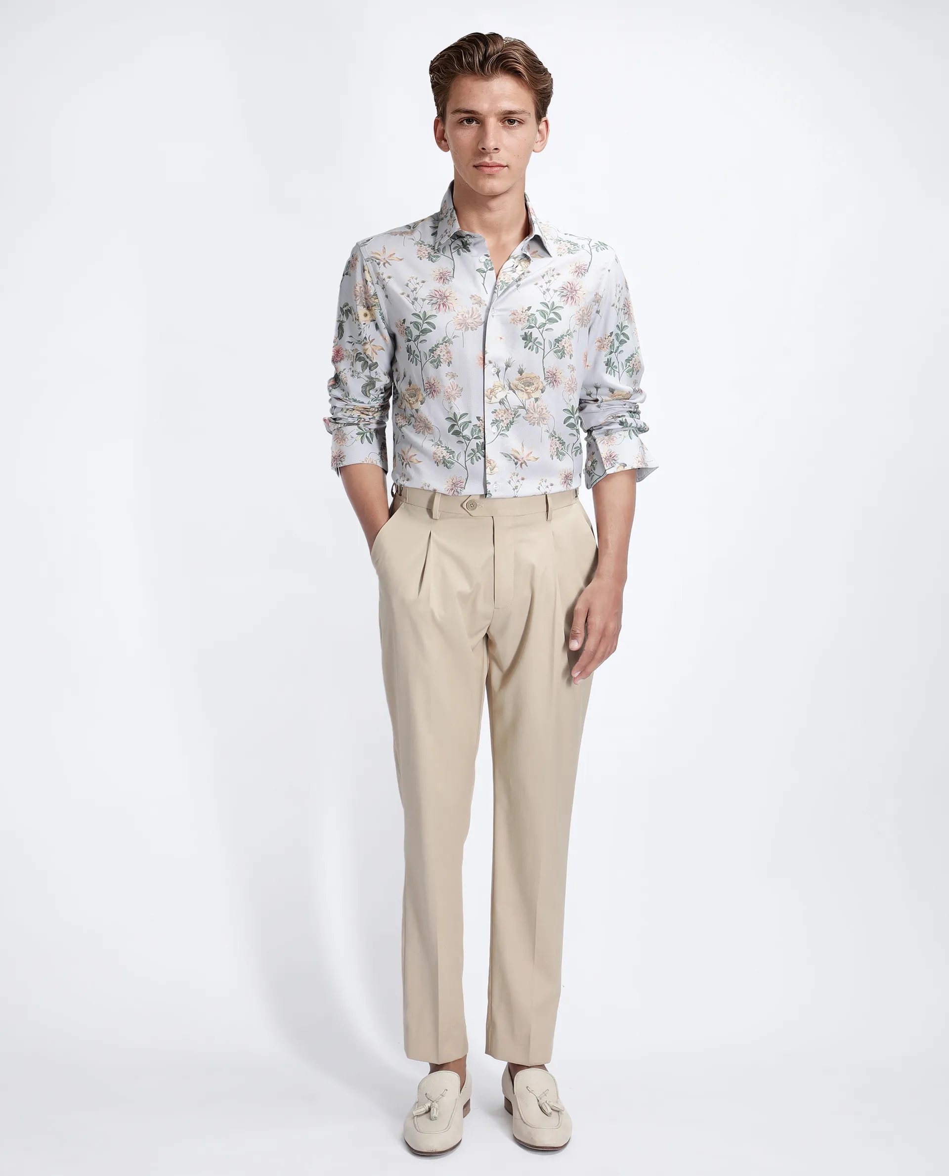 Rare Rabbit Men's Risa Light Grey Viscose Blend Floral Print Regular Fit Full Sleeve Collared Shirt - Image 2