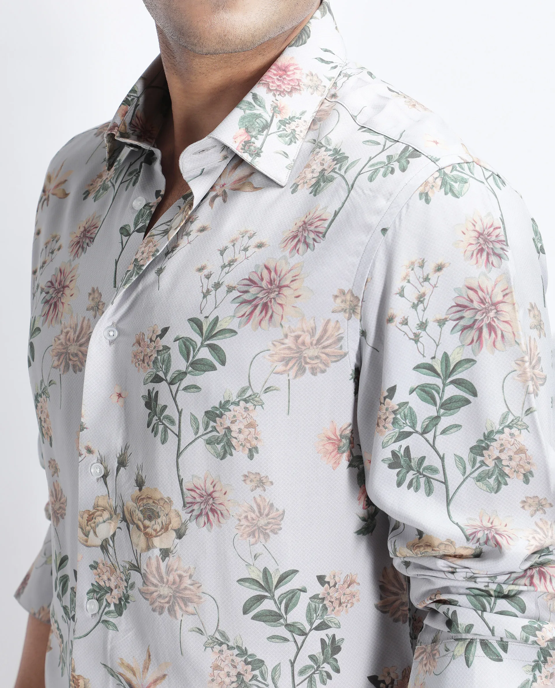 Rare Rabbit Men's Risa Light Grey Viscose Blend Floral Print Regular Fit Full Sleeve Collared Shirt - Image 3