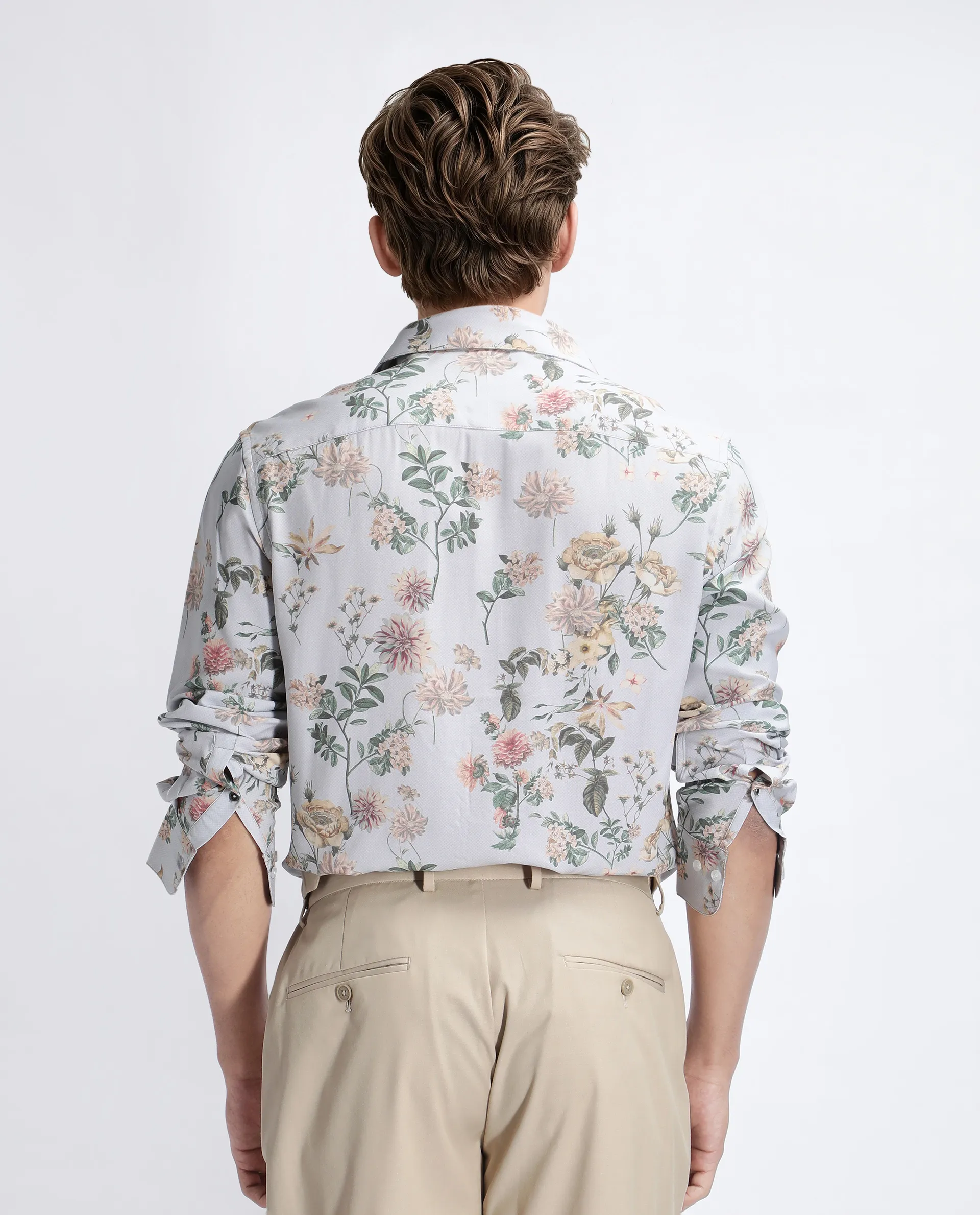 Rare Rabbit Men's Risa Light Grey Viscose Blend Floral Print Regular Fit Full Sleeve Collared Shirt - Image 4