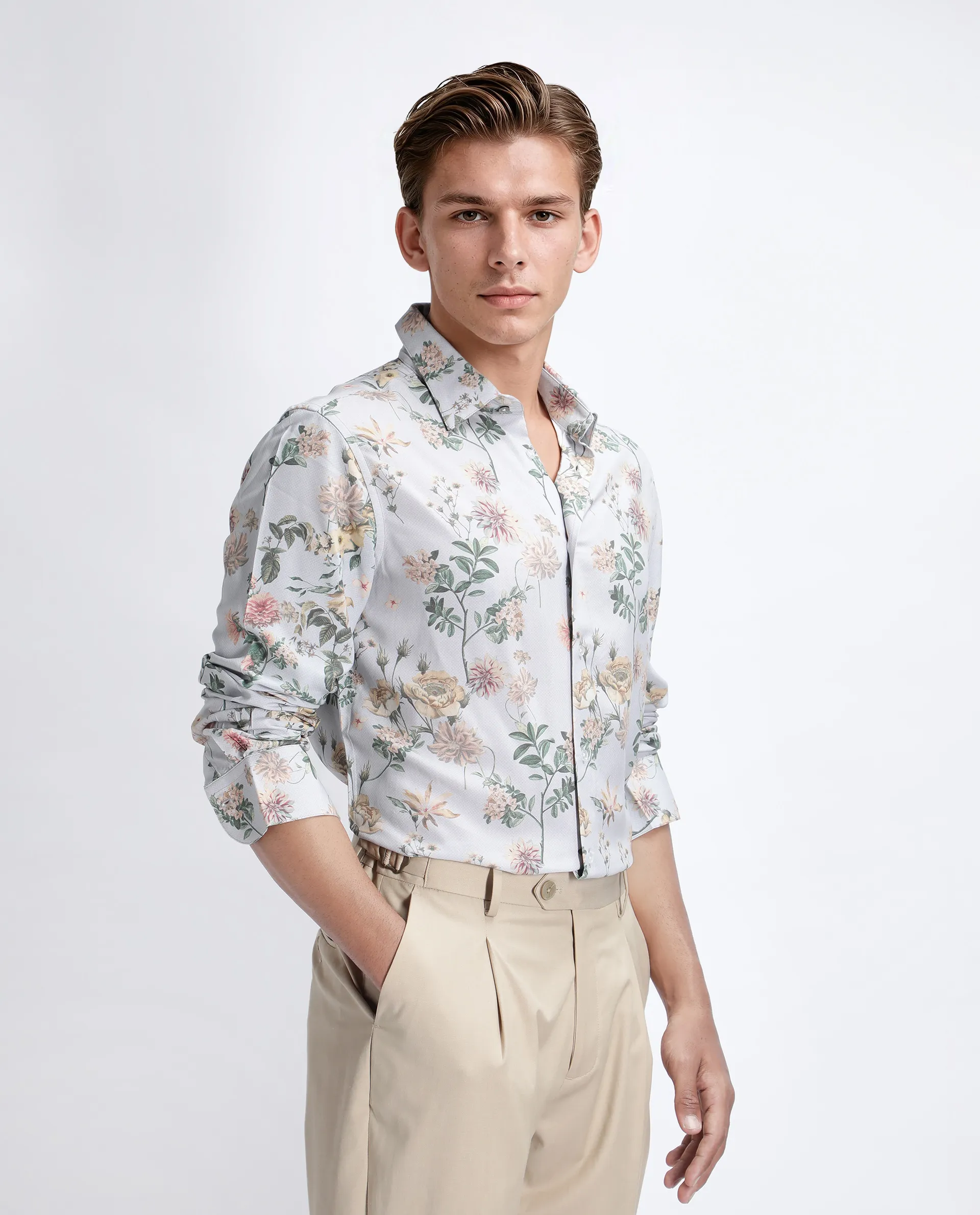 Rare Rabbit Men's Risa Light Grey Viscose Blend Floral Print Regular Fit Full Sleeve Collared Shirt - Image 5