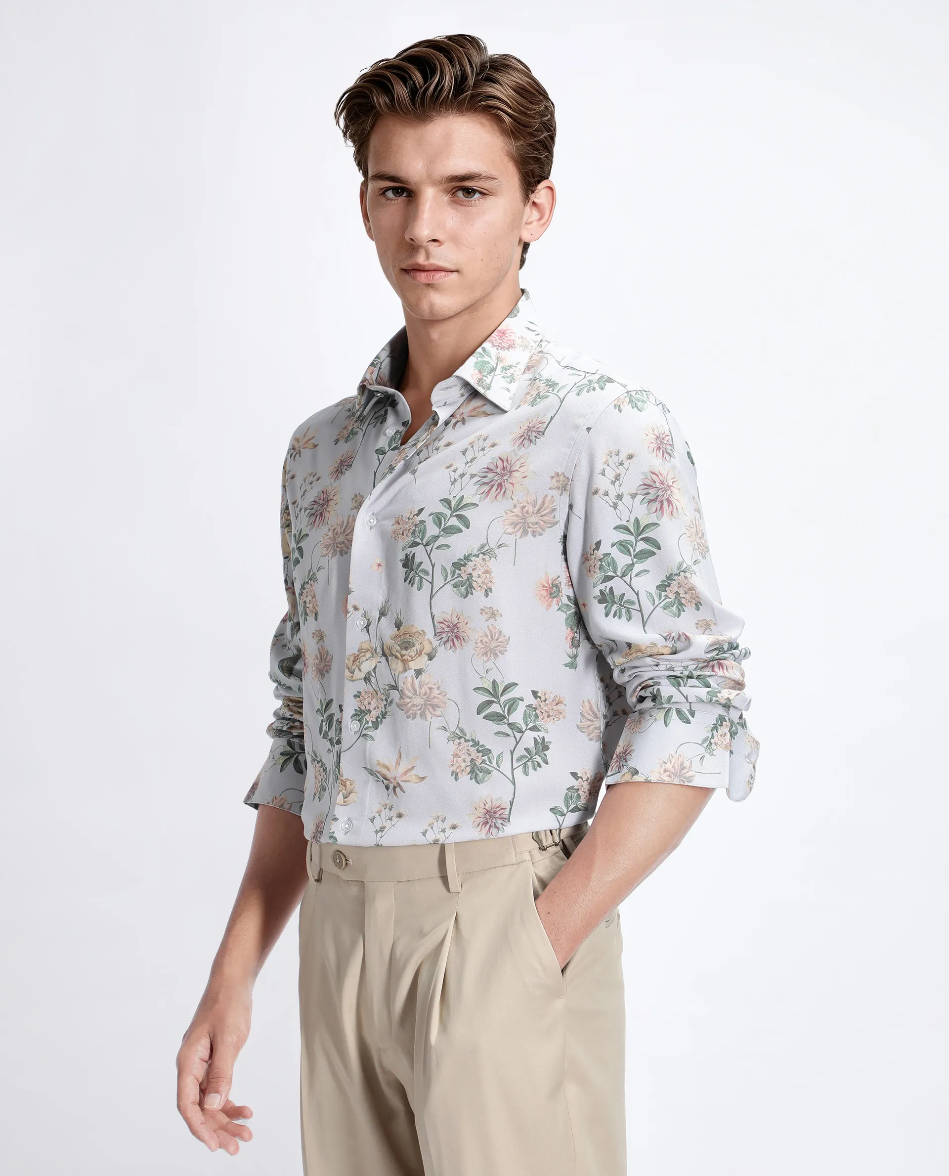 Rare Rabbit Men's Risa Light Grey Viscose Blend Floral Print Regular Fit Full Sleeve Collared Shirt - Image 7